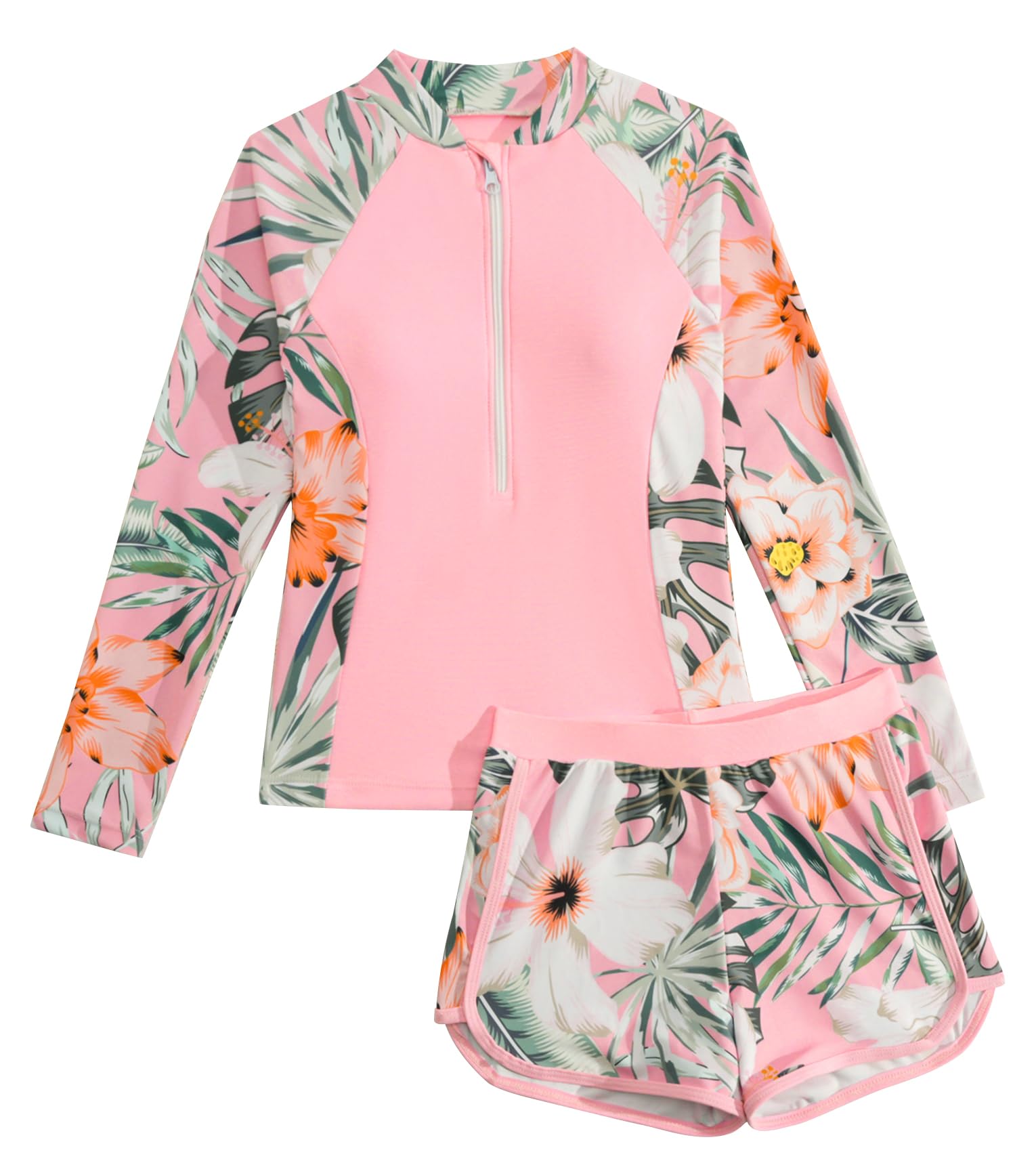 SEAUR Enfant Fille Maillot de Bain 2 Pièces Manches Longues Ensemble Rashguard Protection Solaire Rash Guard 1/2 Zip Séchage Rapide 130-160