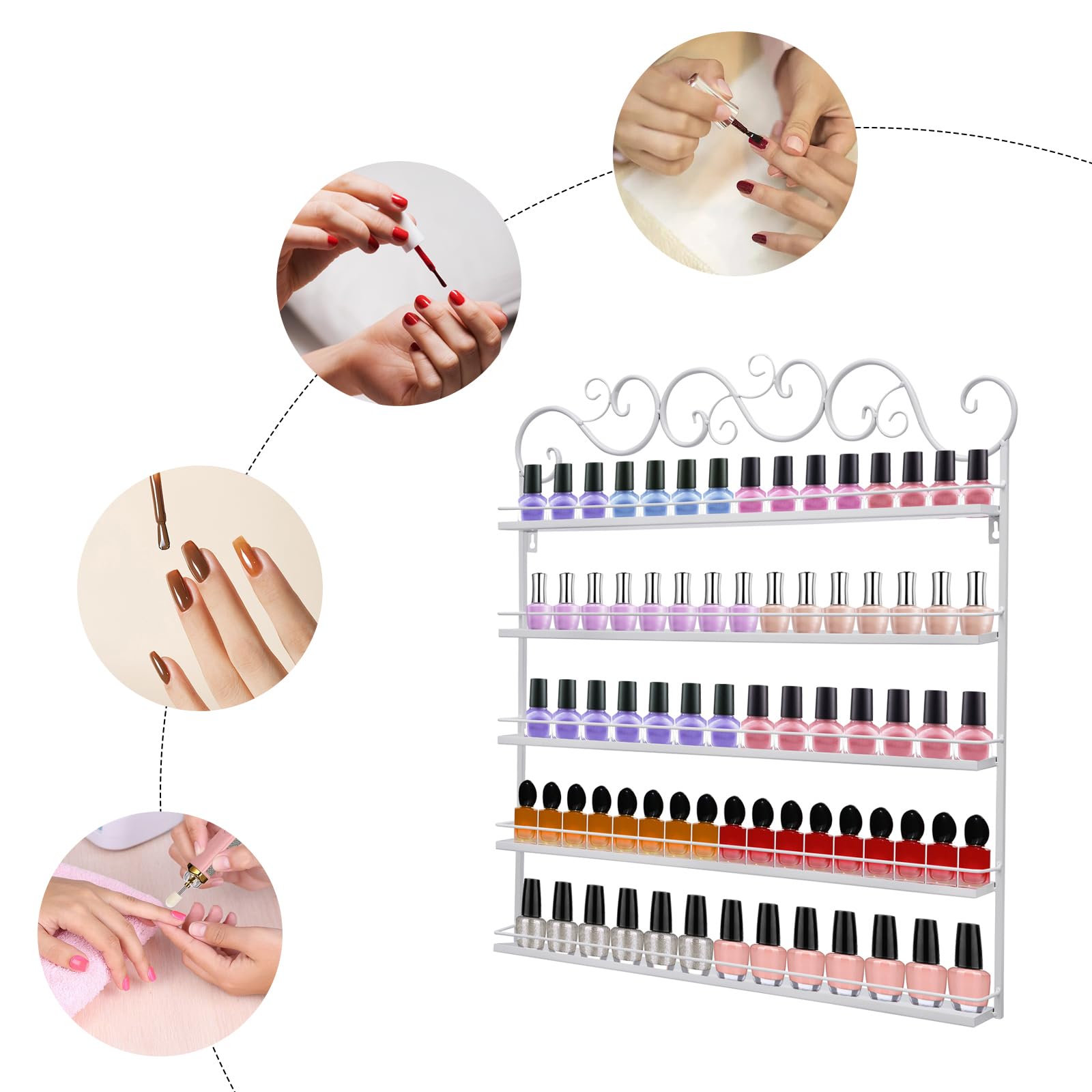 Soporte para esmalte de uñas de 5 niveles, soporte para esmalte de uñas, organizador de pared de metal para esmalte de uñas (blanco)