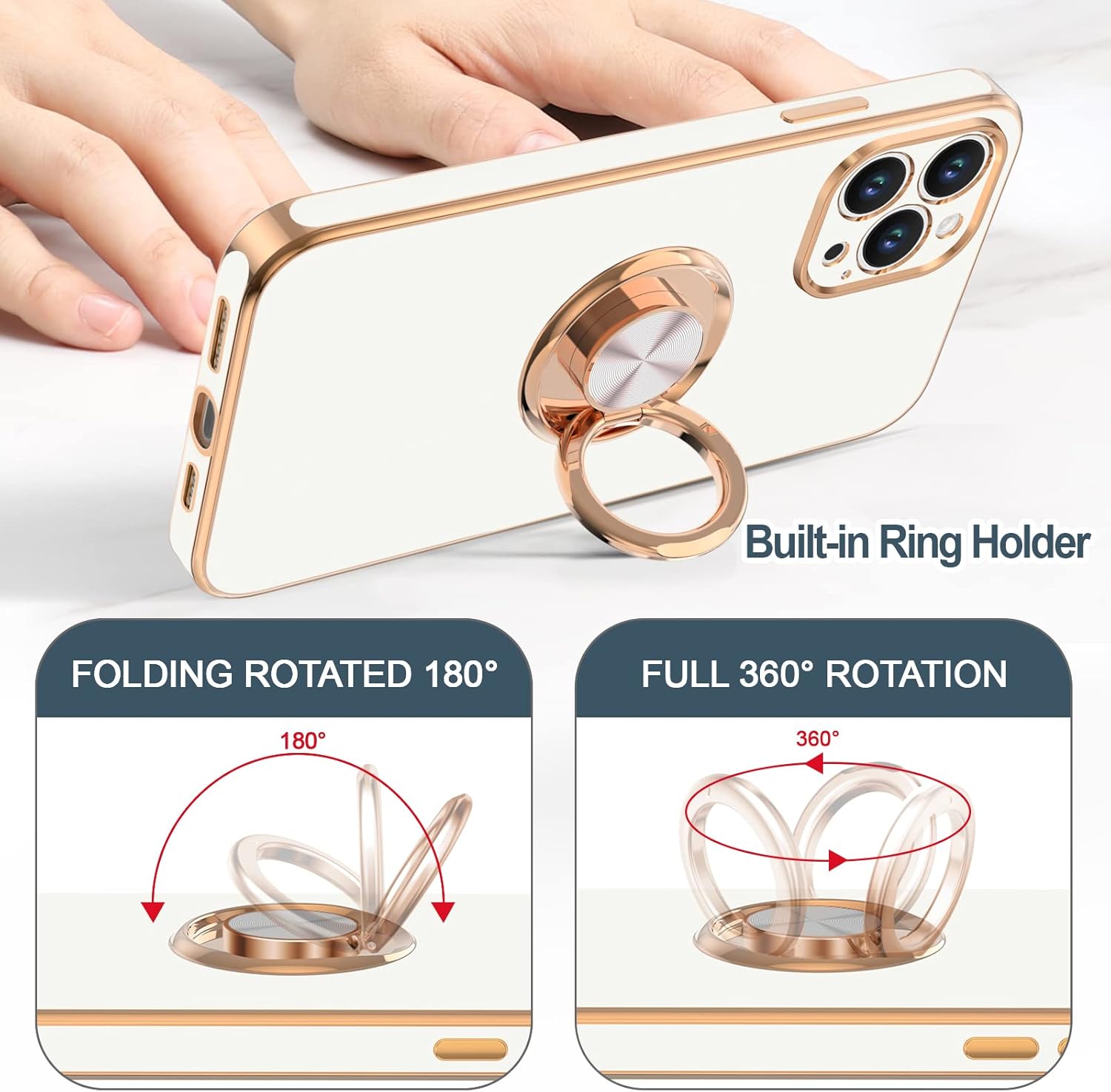 Hython for iPhone 14 Pro Case with Ring Stand [360° Rotatable Ring Holder Magnetic Kickstand] [Support Car Mount] Plated Gold Edge Soft TPU Luxury Shockproof Protective Phone Case Cover, White - Image 4