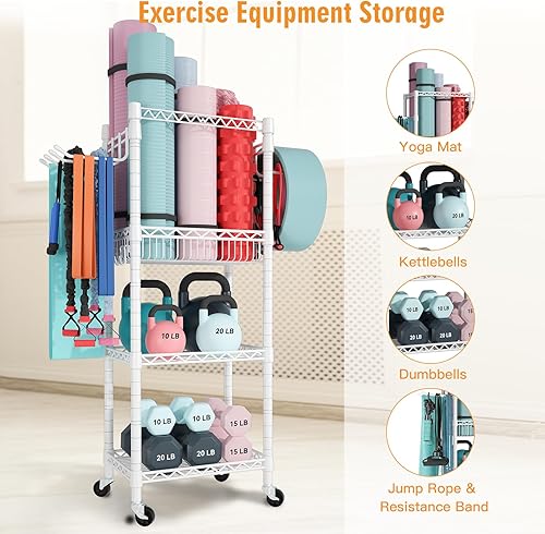 Vista 3 de FUTASSI Almacenamiento para Gimnasio en Casa, Organizador de Equipo de Entrenamiento de 3 Niveles con Ruedas para Esterillas de Yoga, Rodillo