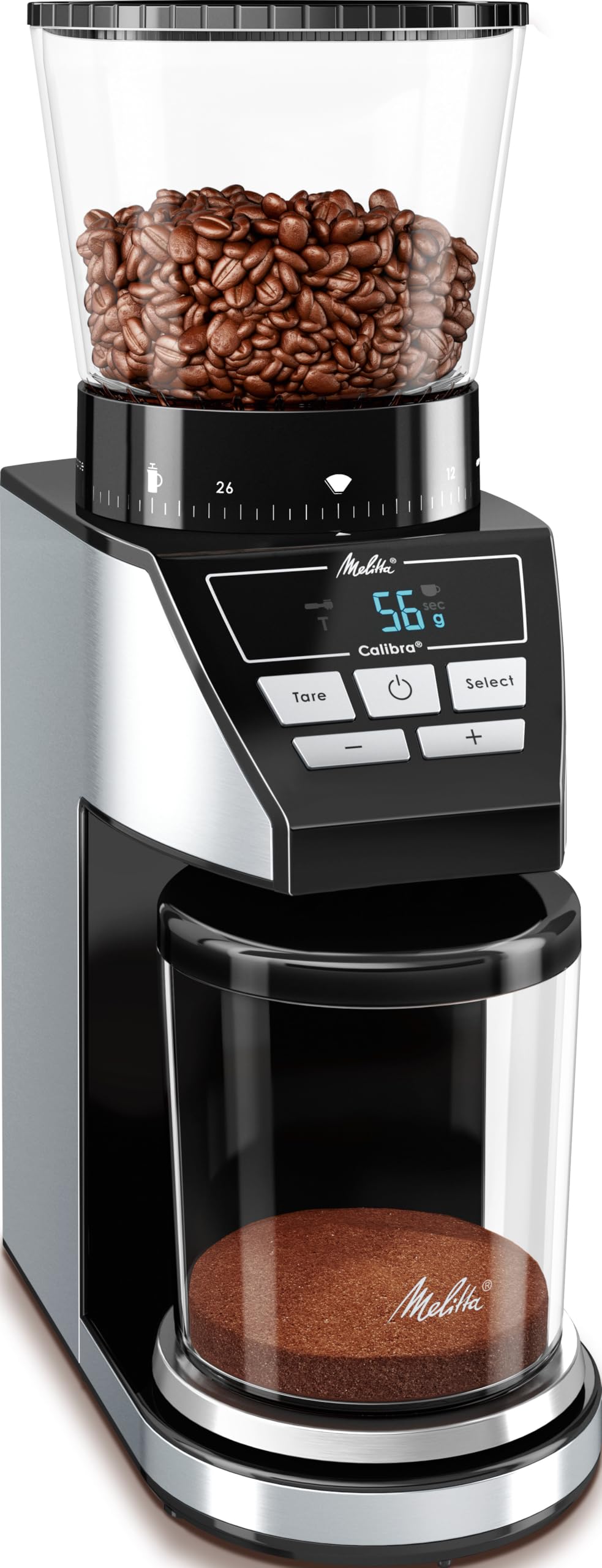 Melitta Calibra Kaffeemühle - Elektrische Kaffeemühle mit Kegelstahlmahlwerk für bis zu 375g Kaffeebohnen und integrierter digitaler Waage, 39 individuellen Mahlstufen, schwarz/Edelstahl