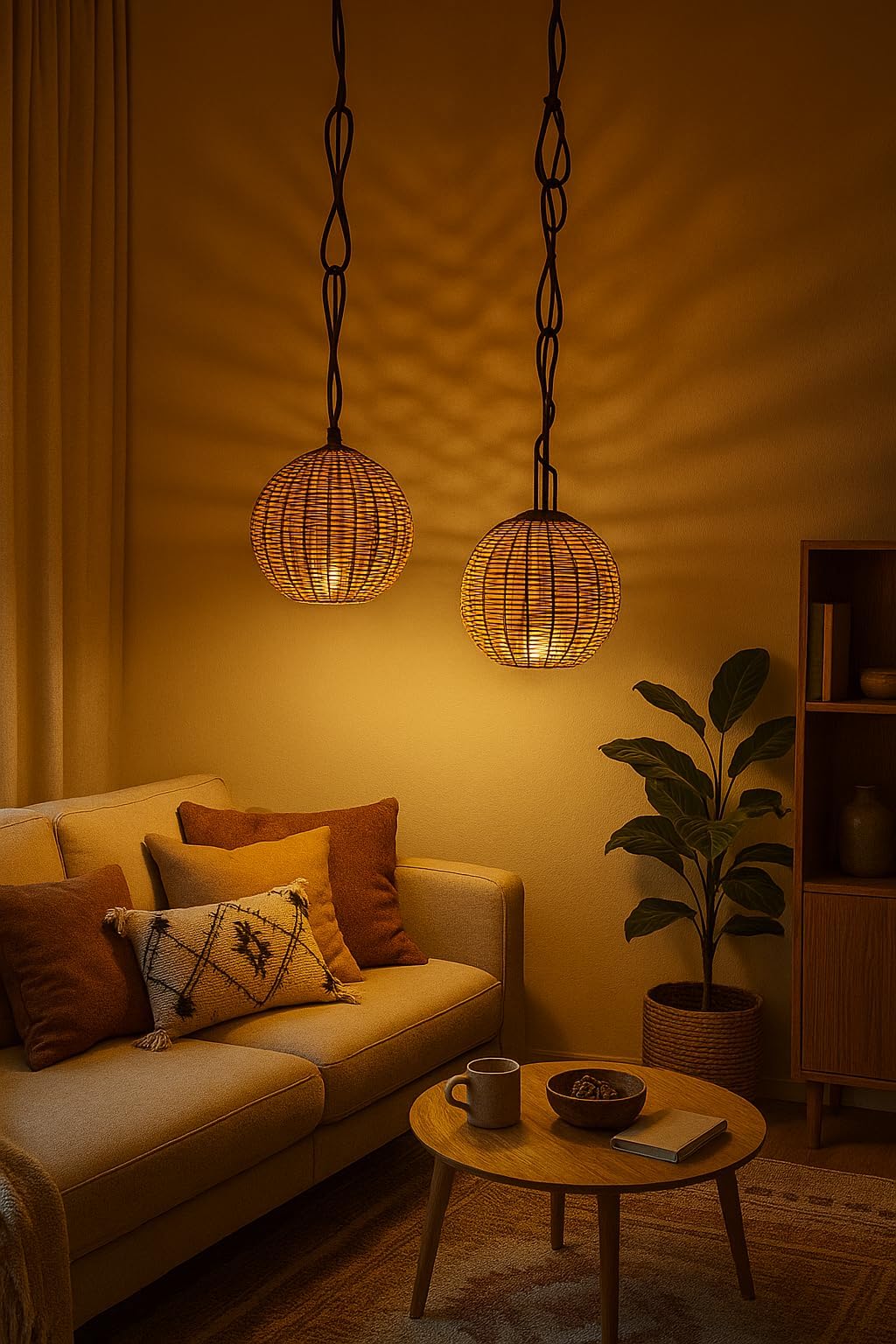 " Handcrafted and Woven Bamboo Cane Ceiling Lamps - Natural Beige - Set of 2
