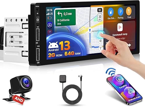 Miniatura 1 de 2+64G Android 13 Car Stereo Single DIN Radio inalámbrica Apple Carplay con cable Android Auto, pantalla táctil HD de 6.9 pulgadas estéreo para coche