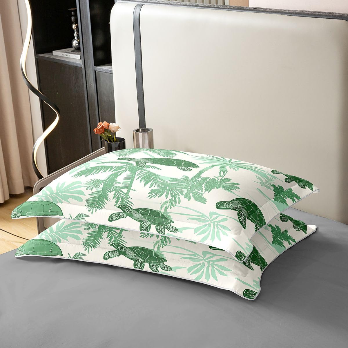 Homewish Pościel z palmami zestaw podwójnych łóżek żółw morski bawełna poszewka na kołdrę plaża kreskówka żółw monstera poszewka na kołdrę palmy drzewa sylwetka zielone zestawy łóżek
