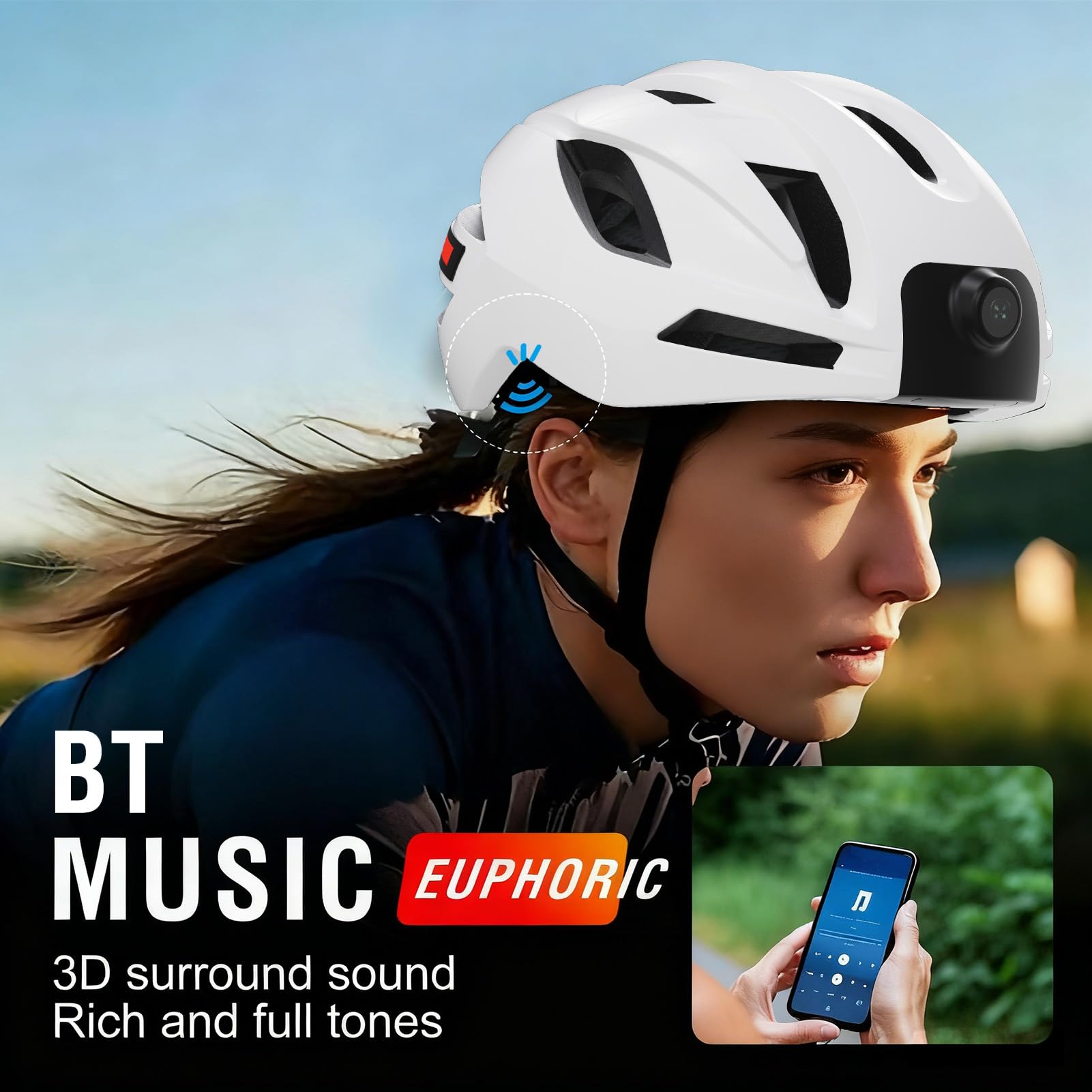 Luocute Casco de Bicicleta Inteligente, BT Habilitado con Cámara 1080P, Luces Intermitentes, Altavoces y Micrófono Integrados, para Adultos, Hombres y Mujeres, Seguridad en Ciclismo