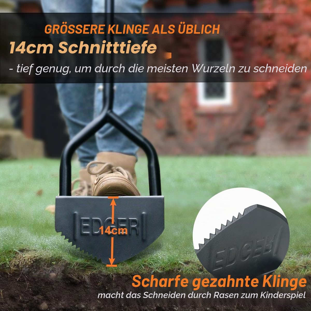 Colwelt Manuelles Rasenkantenwerkzeug, 102 cm, Halbmond-Rasenschleifer mit V-förmiger gezackter Klinge, massiver Stahl, Rasenkantenwerkzeug mit weichem T-Griff, Gartengraskantenschneider für Gehweg