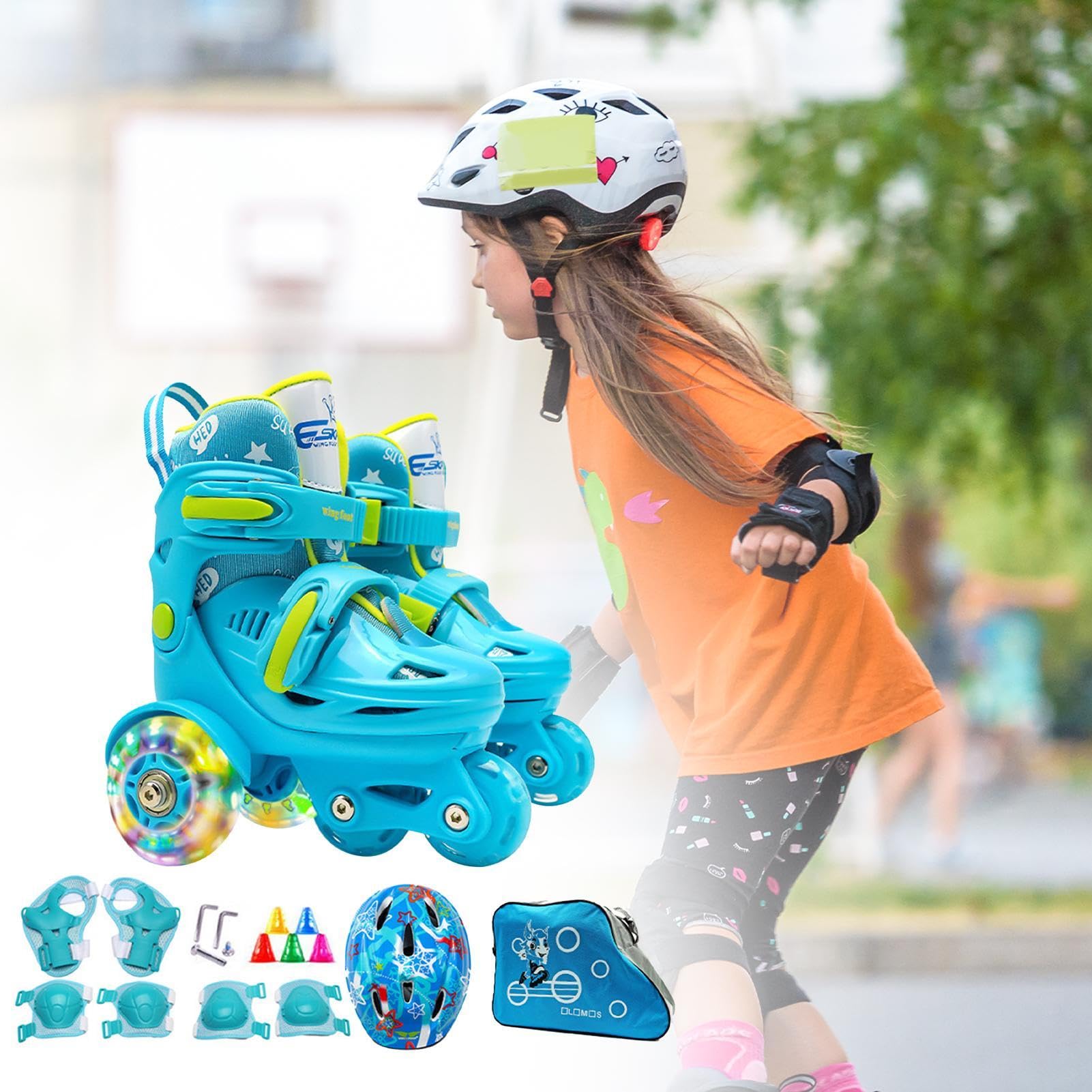 Pattini a Rotelle per Bambini Ruote Luminose, Ginocchiere, Gomitiere, Casco | Principianti Ginocchiere Gomitiere Casco Borsa Portaoggetti Inclusi Per Esterno Interno Giochi P
