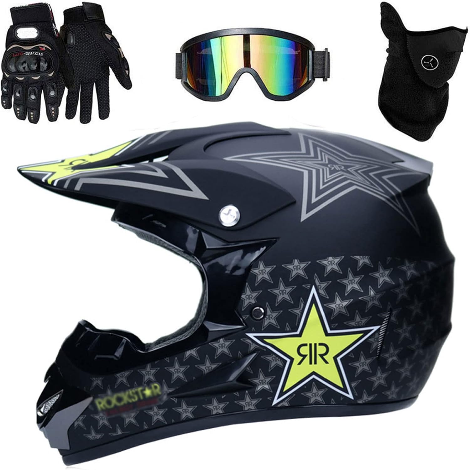 Motocross Helmet Set Off-Road ATV Motorcycle Helmet for Men Women with Goggles Gloves Mask, Adult Locomotive Dirt Bike Black/Rockstar Motorbike Helmet DOT Certified