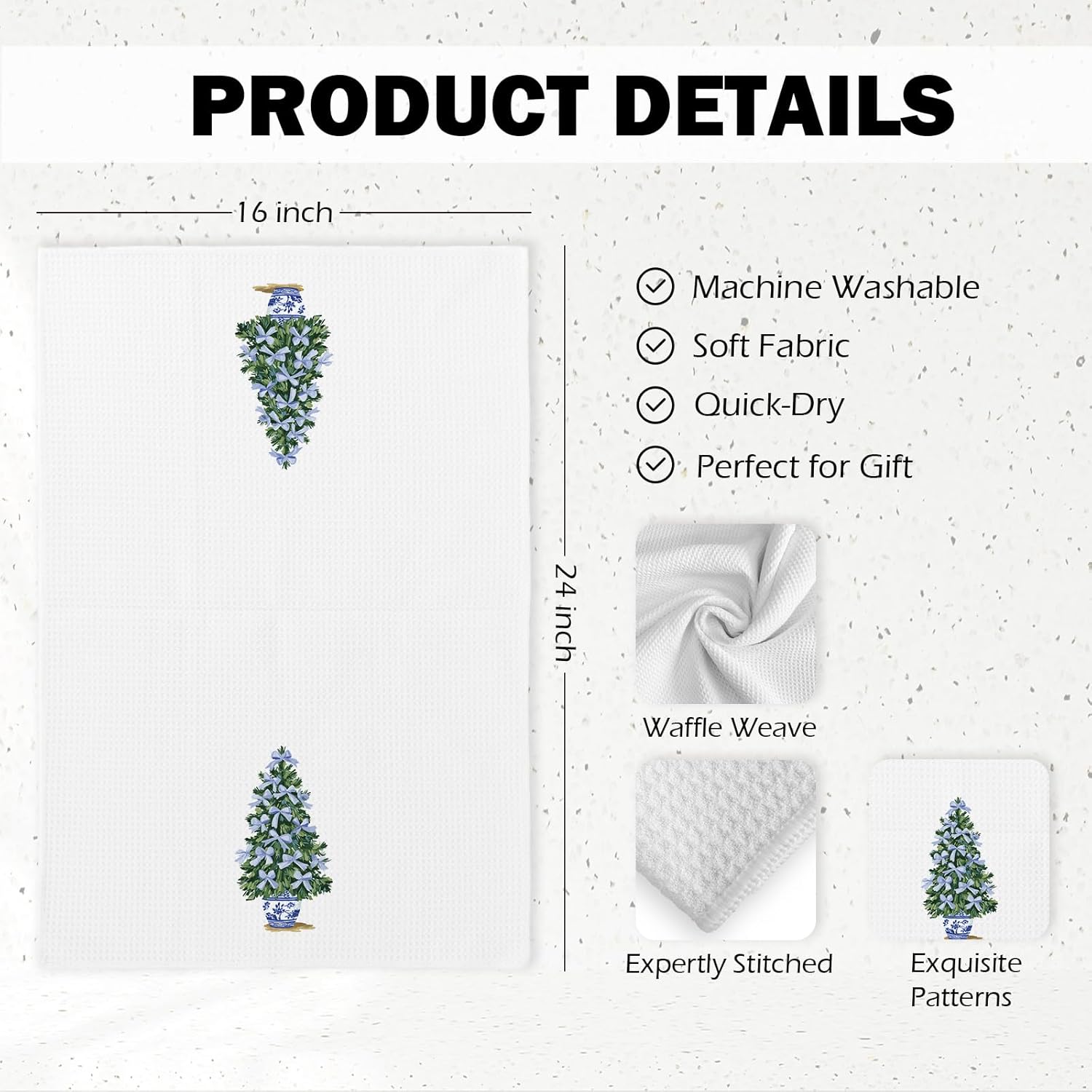 Chinoiserie Christmas Tree Kitchen Towels, Winter Blue and White Preppy Coquette Bow Xmas Tree Dish Hand Tea Towels, Holiday Grandmillennial Decorative Towels for Bathroom Kitchen, 16x24 Inch - Image 7