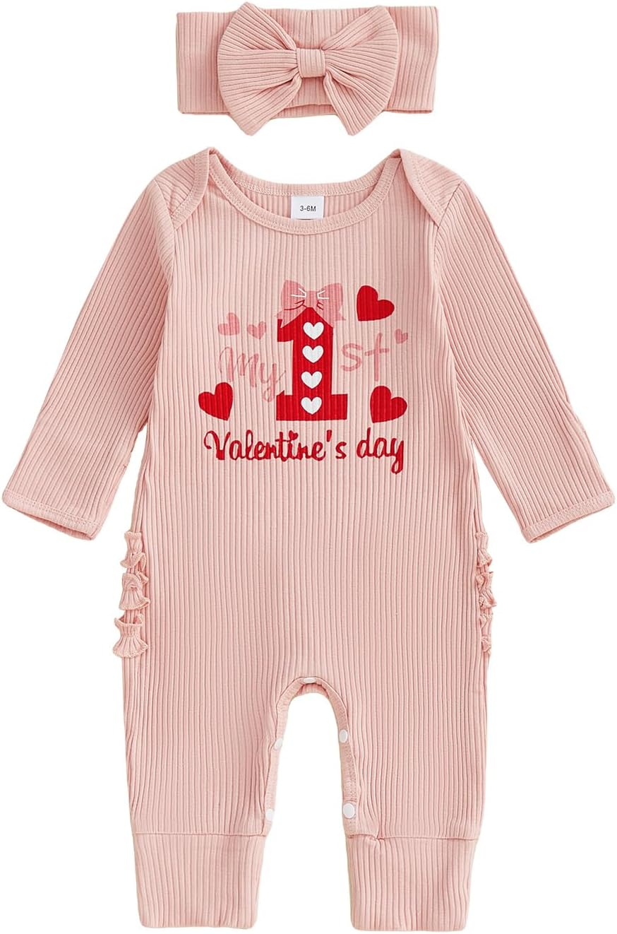 Adobabirl Baby Girl Clothes Newborn Onesie Ribbed Ruffle Romper Long Sleeve Jumpsuit Infant Cute Outfit with Headband