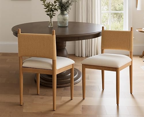 Vista 13 de EALSON Juego de 2 sillas de comedor modernas de mediados de siglo, sillas de comedor de madera negra con respaldo tejido, cómodas sillas de cocina