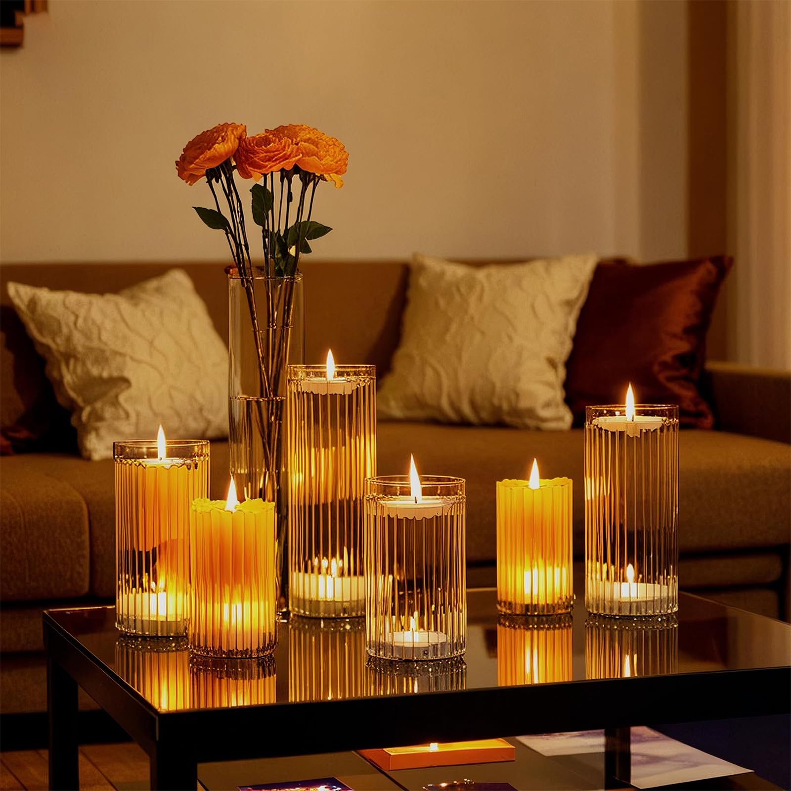 yshengood 6 Pcs Glass Hurricane Candle Holder Ribbed Glass Candle Holder - Elegant & Easy to Use, Perfect for Wedding, Holiday, Party Decor, Home and Event Essential