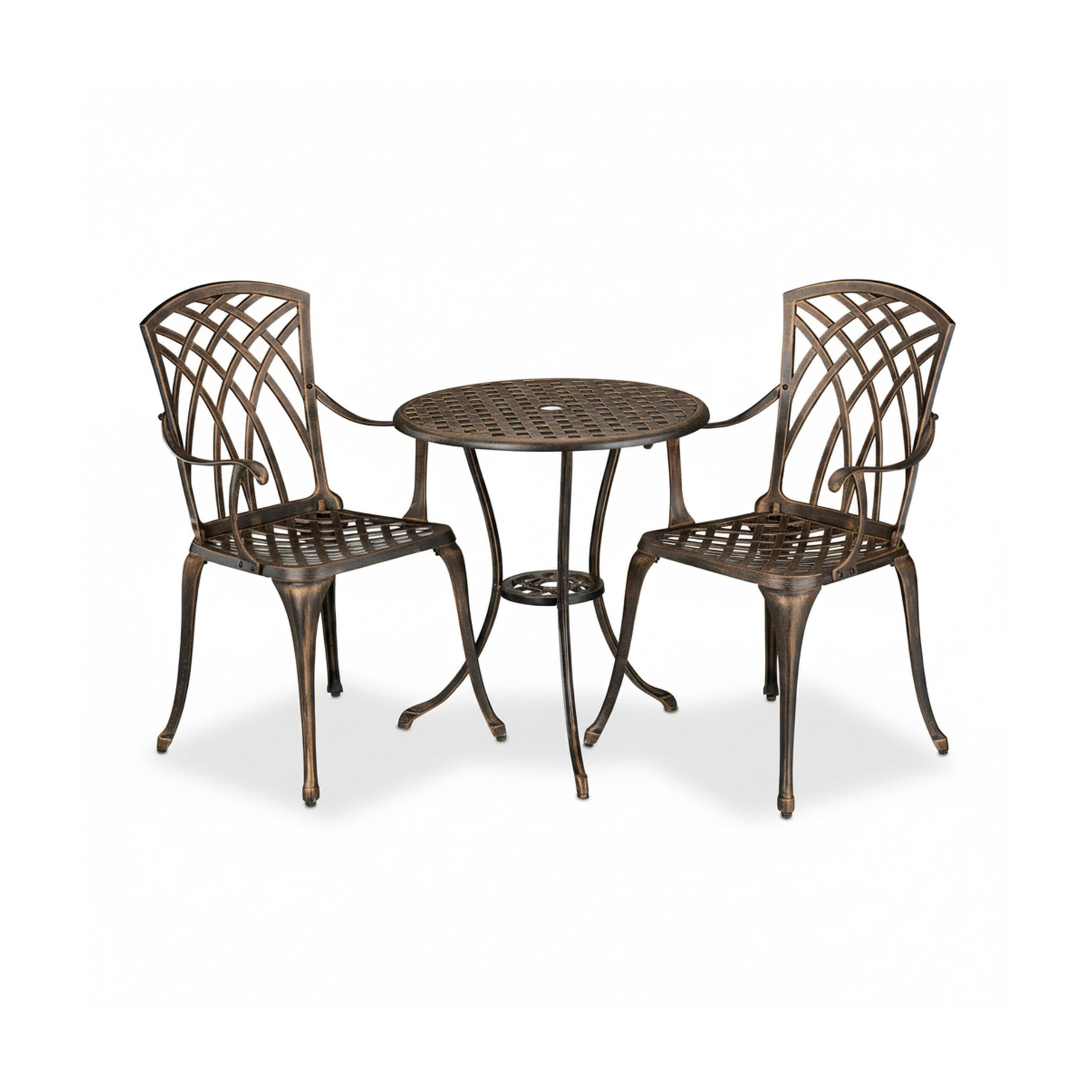 Relaxdays Gartenmöbel Set 3-teilig, Tisch, 2 Stühle, Aluguss, Balkonmöbel Antikdesign, Garten Sitzgruppe, schwarz/Bronze