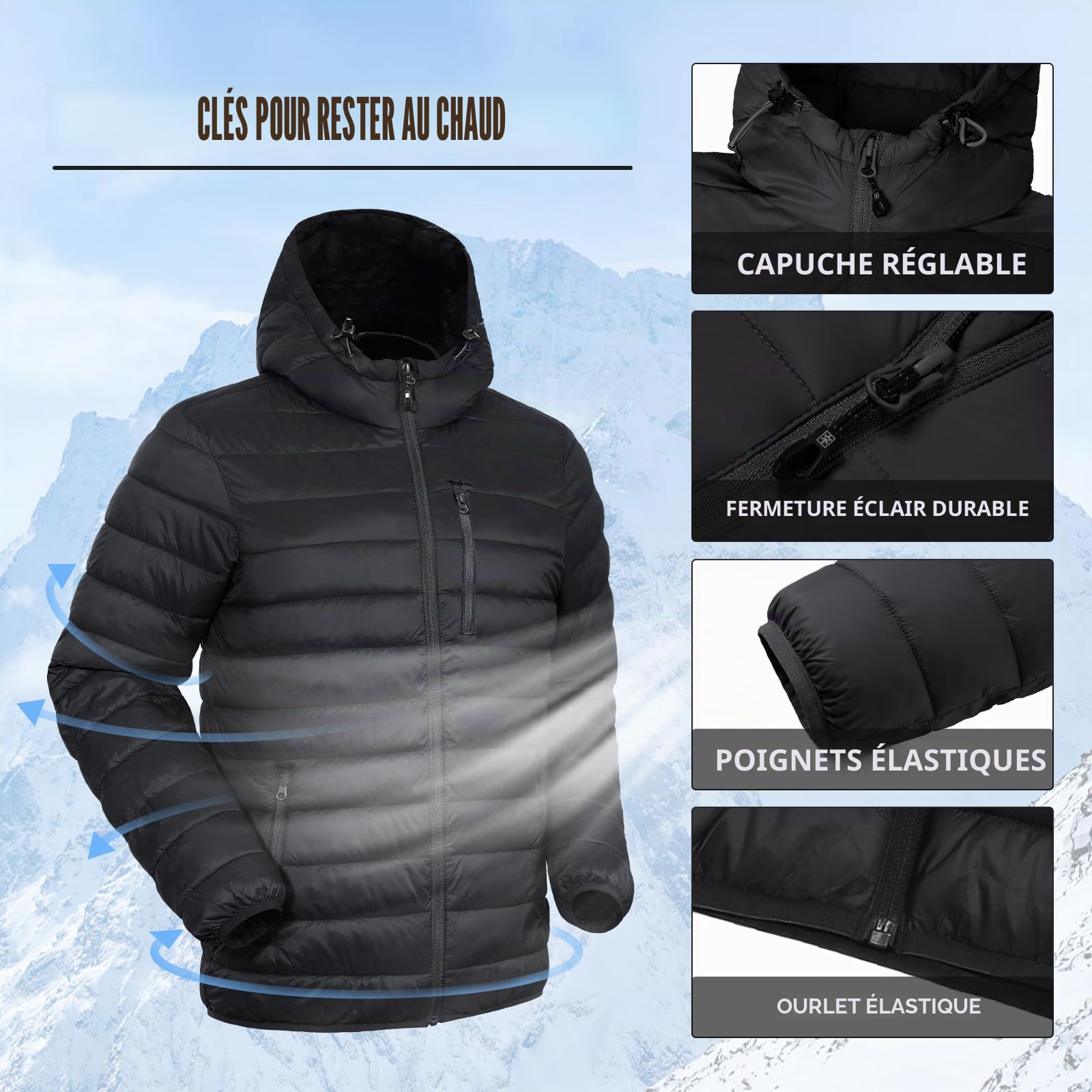 Veste matelassée légère pour homme - Veste d'hiver mi-saison - Veste d'extérieur avec capuche et 6 poches, Noir , XL