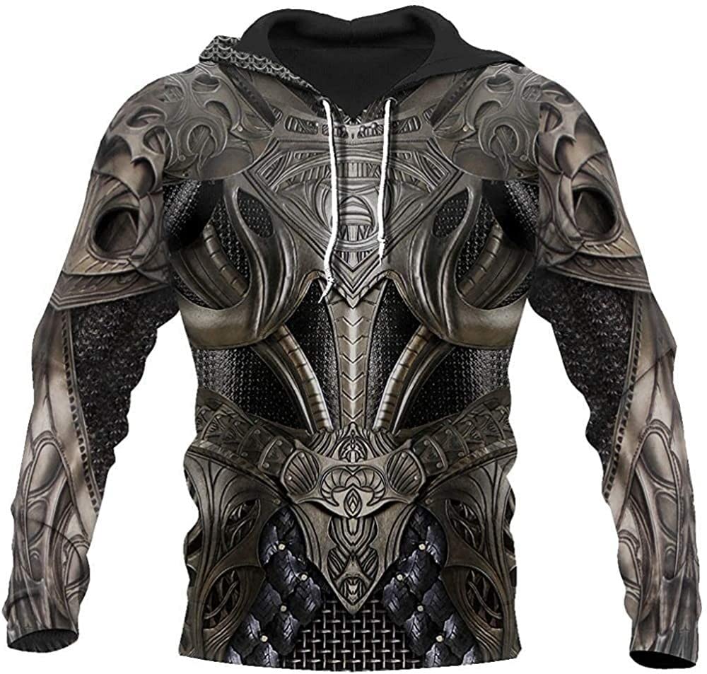 Men's Viking Armour Hoodie 3D Printed Zipper Hoodie Nordic Knight Tattoos Hoodies Pullover Long Sleeve Sweatshirts (Color : Hoodie, Size : L)