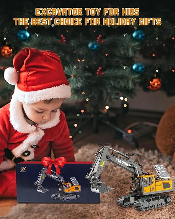 11 Channel Remote Control Excavator, 1:20 Full Functional RC Digger 680 Degree Rotation RC Tractor Construction Toys with Sounds and Lights, 2.4G RC Excavator Digger Toys for Kids Adults Boys