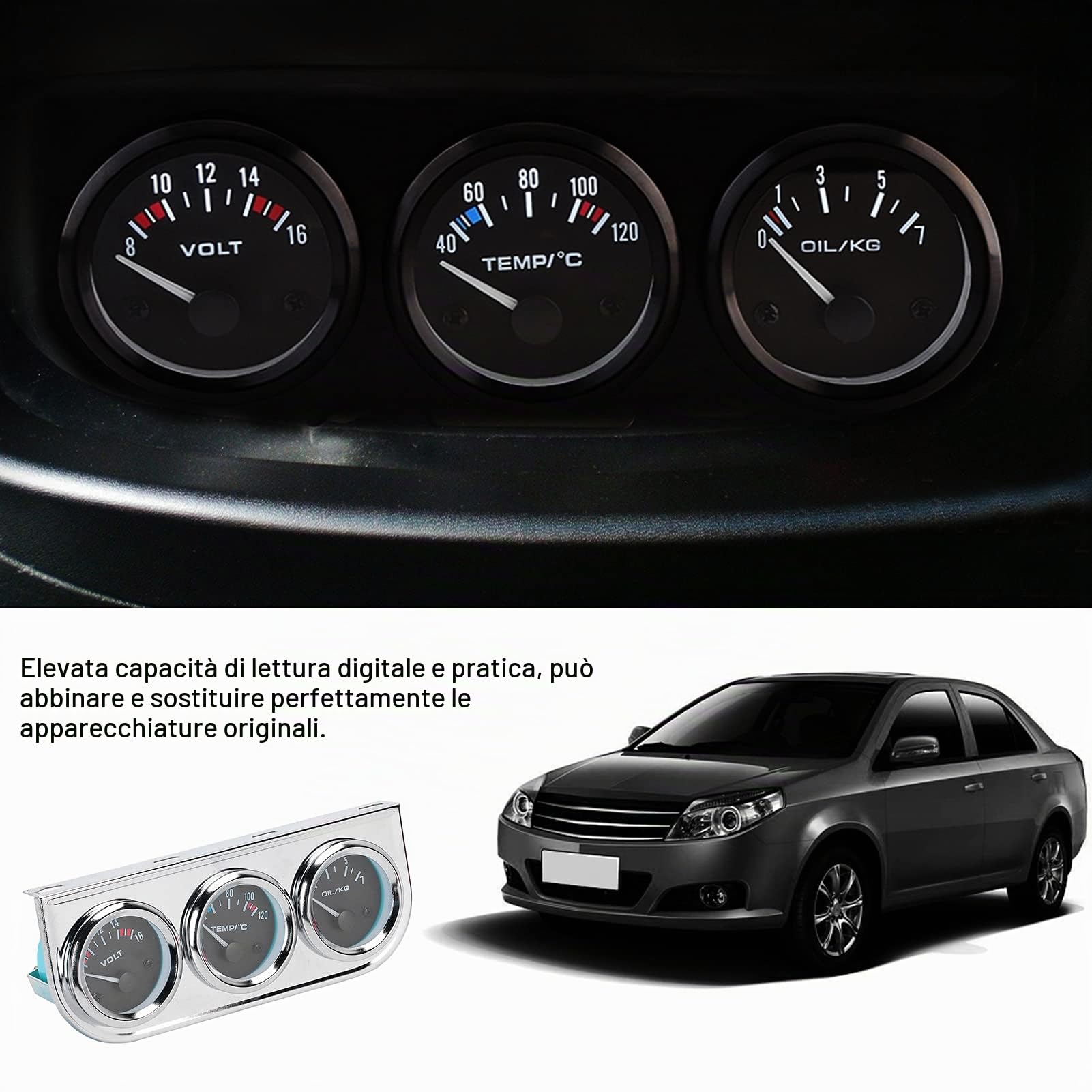 M10x1 52mm 3 in 1 Indicatore per Auto, Indicatore della Temperatura Dell'acqua ＋ Indicatore della Pressione Dell'olio ＋ Strumento Combinato Voltmetro per la Maggior Parte delle Auto da 12 V