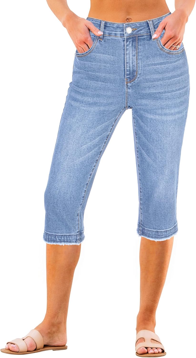 luvamia Capri Jeans for Women Trendy Mid Rise Distressed Raw Hem Casual Summer Stretchy Denim Capris Pants Relaxed Fit