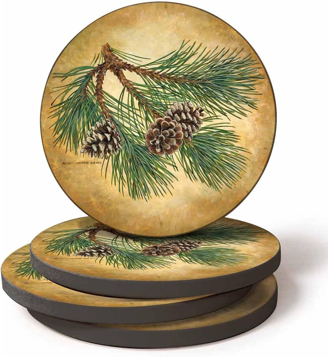 BLACK FOREST DECOR Pine Bough Coasters Set of 4 Rustic Woodland Table Protectors Forest Branch and Cone Design Natural Cabin Accent