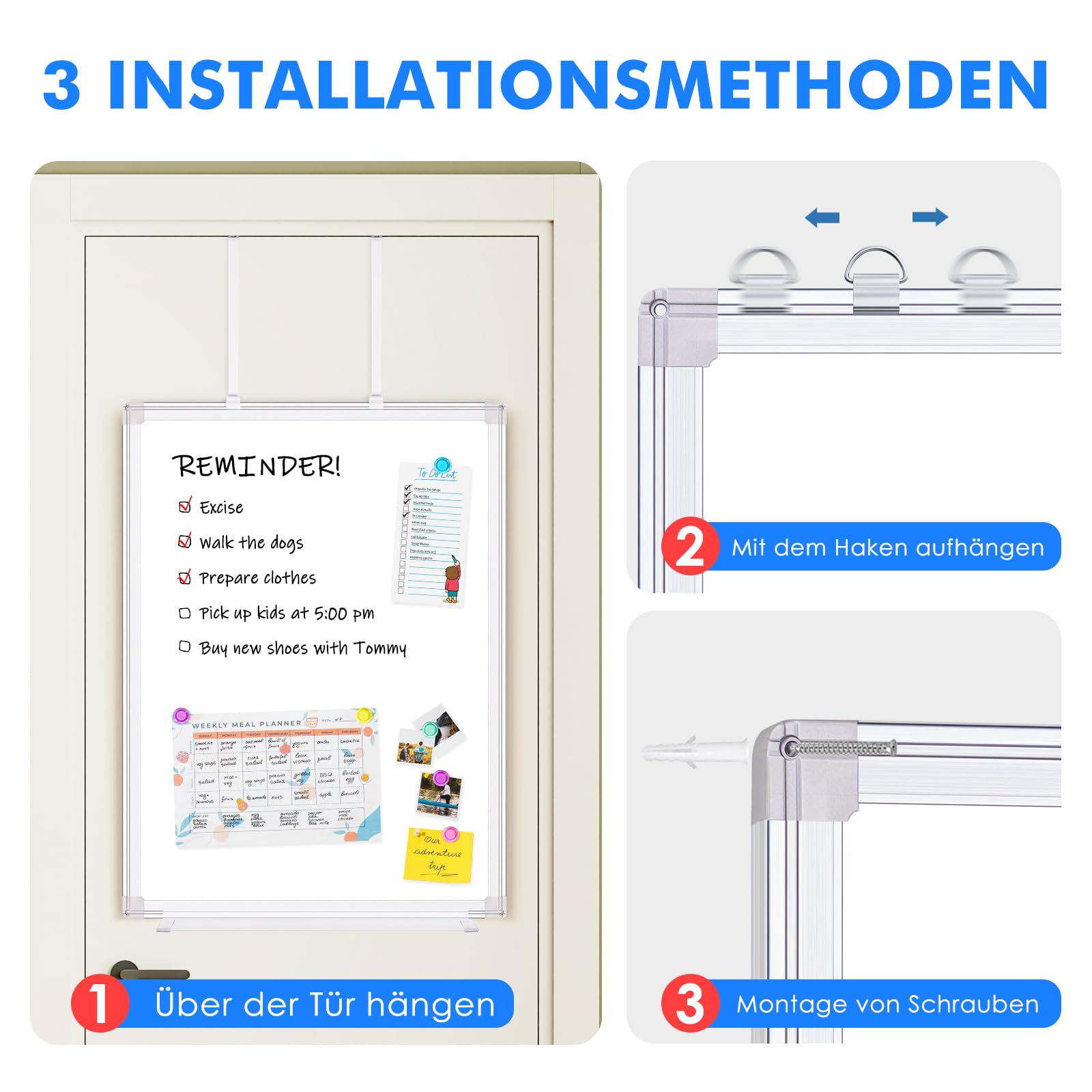 maxtek Whiteboard für Tür Einhängen 90 × 60 cm, Magnetisch Whiteboard tür Hängen, Aluminiumrahmen Trocken Abwischbar Magnetwand mit 4 Stifte, 6 Magnete and 1 Radiergummi für Haus, Schrankraum, Büro