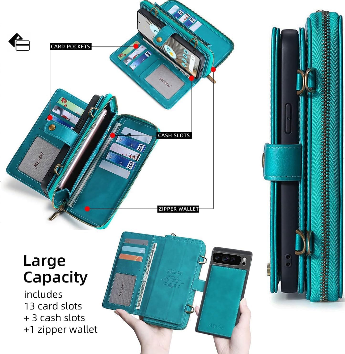 Detachable 2 in 1 Wallet Case for Google Pixel 9 Pro XL with Detachable Wrist Strap,Crossbody Shoulder Strap,9+ Card Slots Zipper Purse,Stand Phone Cover for Pixel9 9Pro 9ProXL Nine Blue