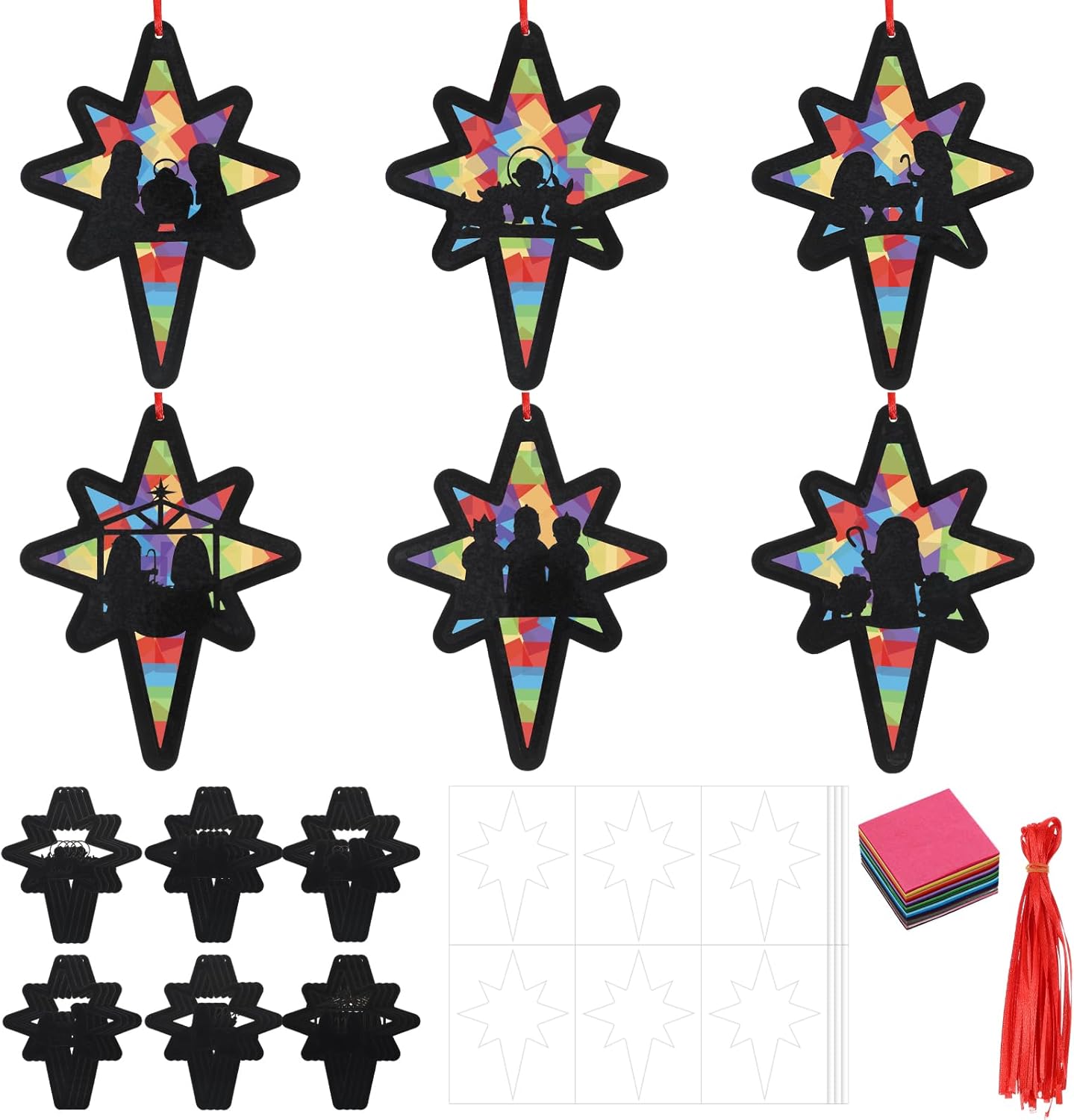 Resurhang 24 Sets Nativity Christmas Silhouette Craft Kits Happy Birthday Jesus Scene Ornaments Religious Sunday School Crafts for Xmas Home Activities, 6 Styles