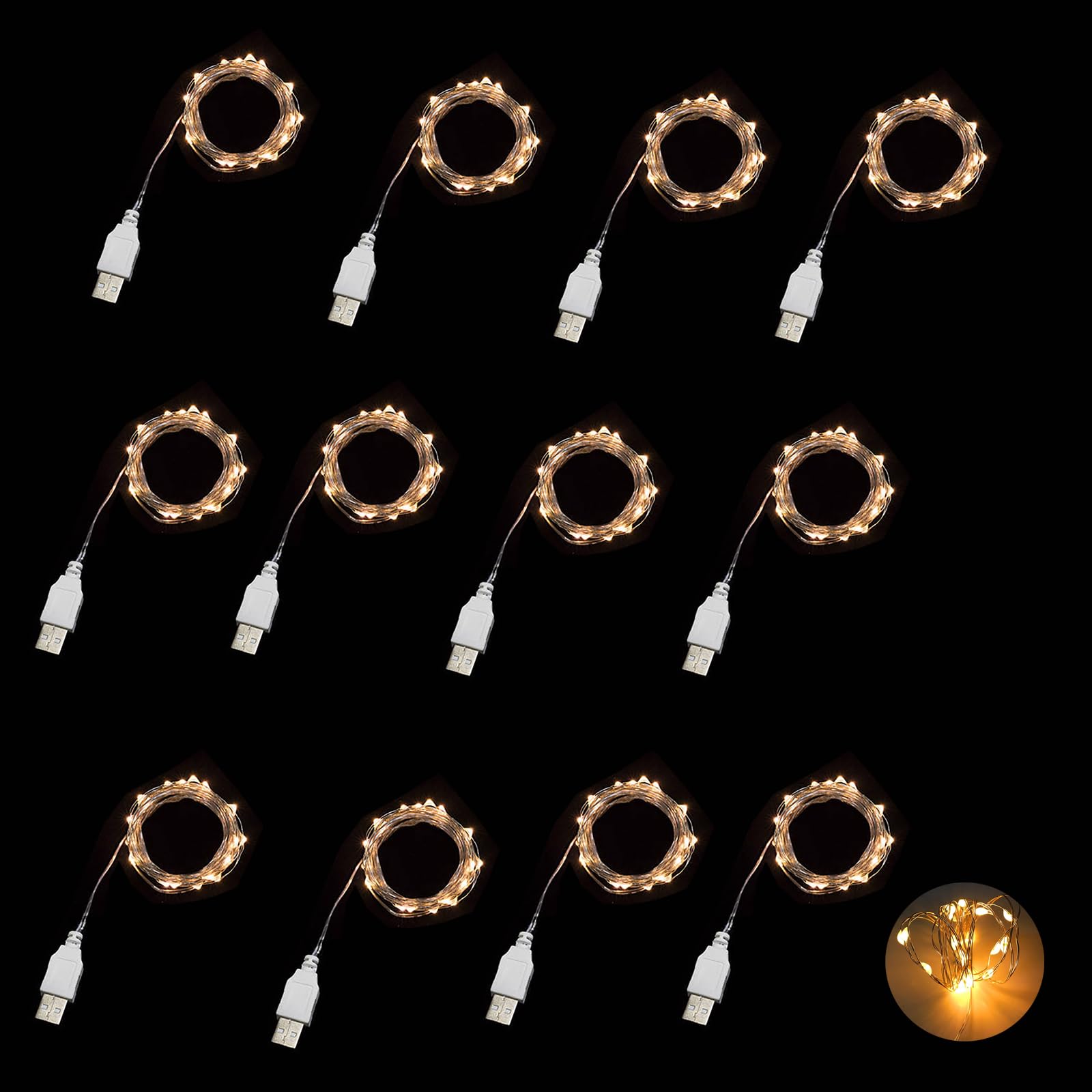 Sokelinn-six 2 m Lichterkette mit 20 LEDs, USB-betriebene Lichterkette für Schreibtisch, Büro, Weihnachtsbaum, Party-Dekoration (Warm, 12)