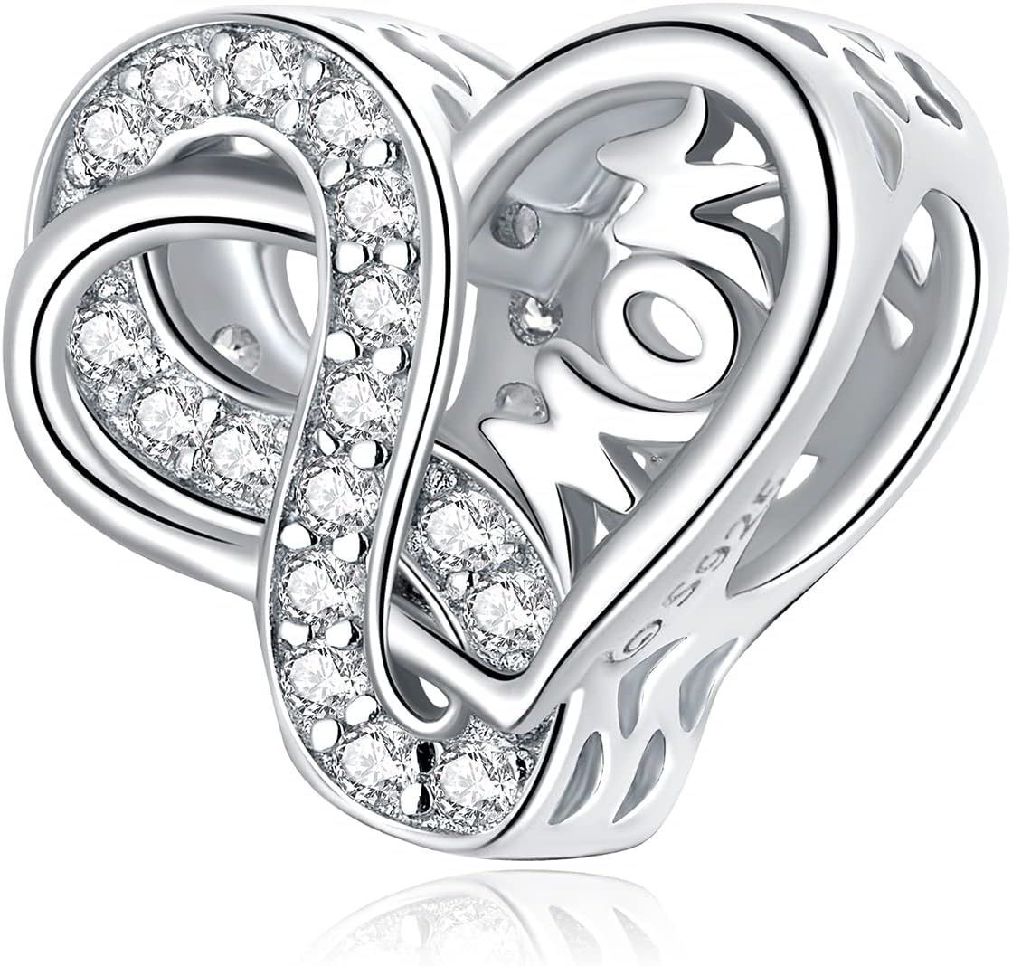 VOROCO Birthstone Charm for Bracelet,Infinity Love 925 Sterling Silver Heart-shaped Mom Bead Charm Paved with Multicolor Cubic Zirconia, White Gold, Cubic Zirconia