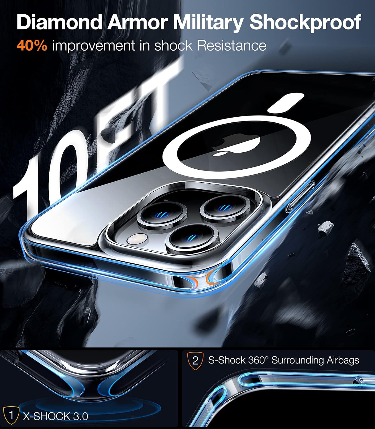 TORRAS Magnetic Diamond Clear Designed for iPhone 14 Pro Case, [10FT Mil-Grade Protection] [Non-Yellowing] [Compatible with MagSafe] Protective Hard Back Slim Clear Case for iPhone 14 Pro