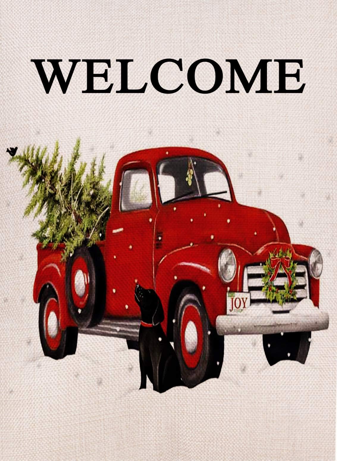 Dyrenson Home Decorative Christmas Garden Flag Welcome Dog, Xmas Quote House Yard Flag with Red Truck Joy, Black Lab Winter Garden Yard Decorations, Rustic Seasonal Outdoor Flag 12 x 18 for Holiday