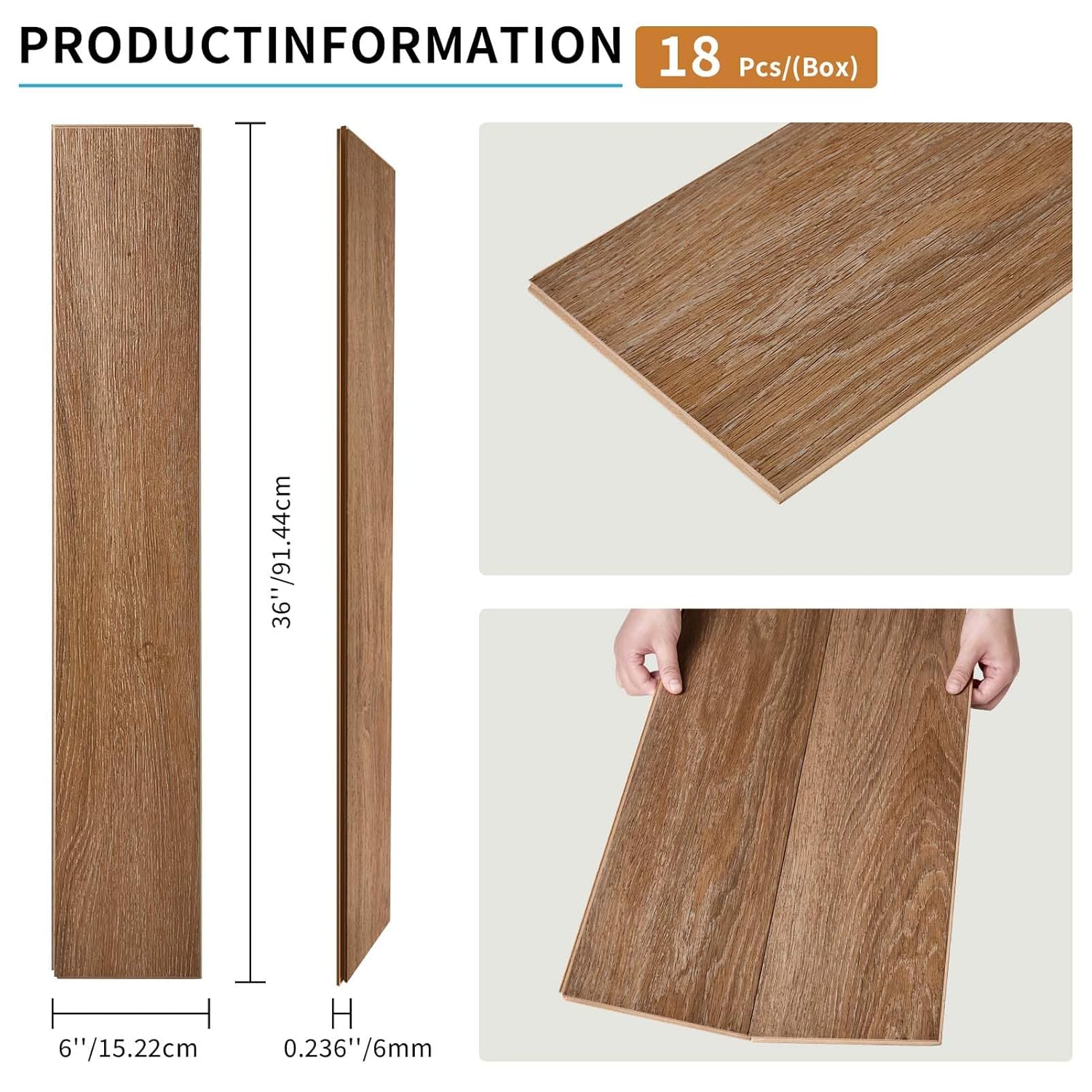 6mm Thick PVC Vinyl Flooring 18-Pack Planks (6x36 Inch), Cushioned Core for Superior Comfort & Quiet, Waterproof Click Lock for Home, Apartment, Office