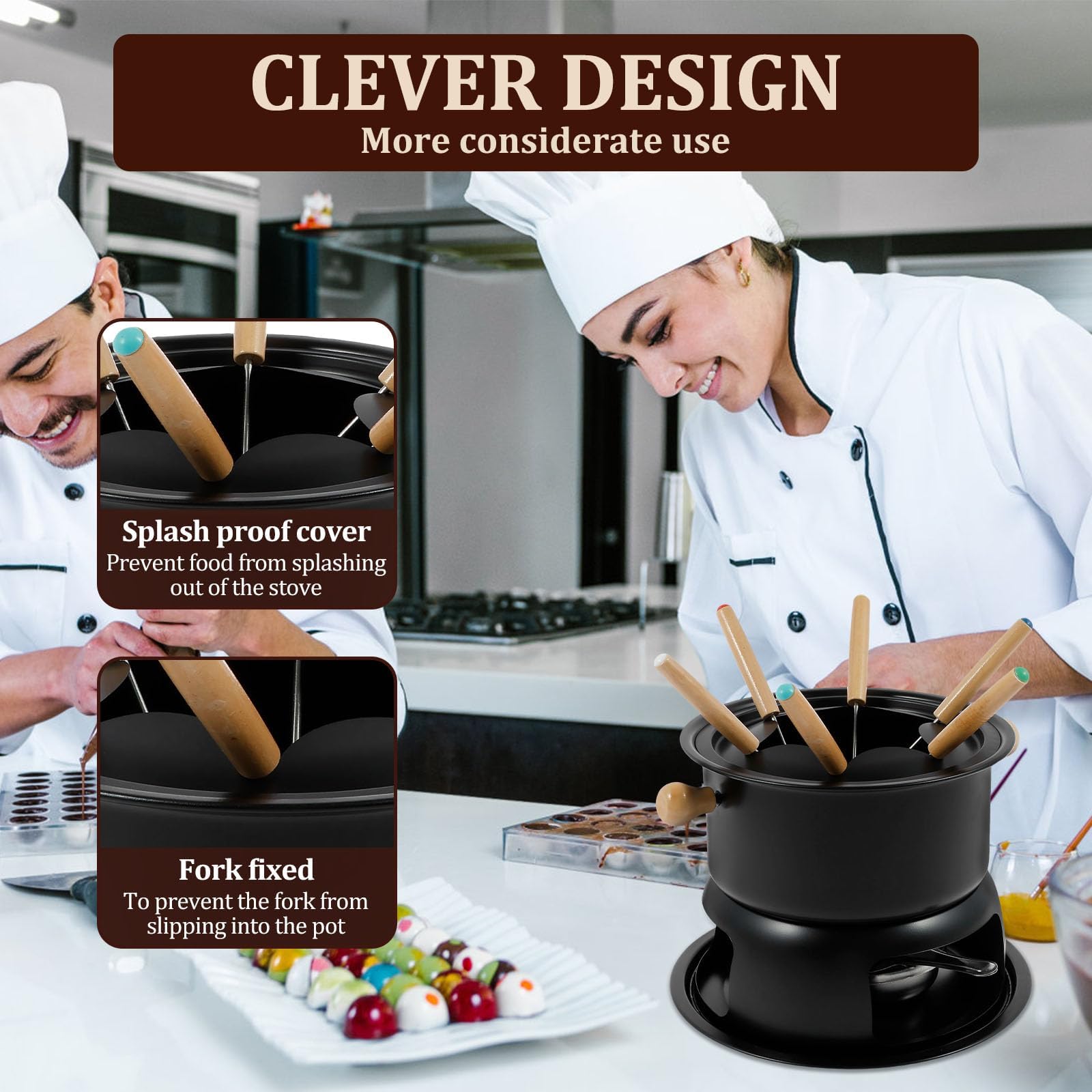 Chechy Czekoladki Fondue, Wszechstronny Zestaw Do Tyłu Fondue, Zestaw Fondue Ze Stali Nierdzewnej, Nawet Ogrzewanie Producenta Fondue, Ochronny Zestaw Fondue Z 6 Widelcami Do Topnienia Cze black 18cm