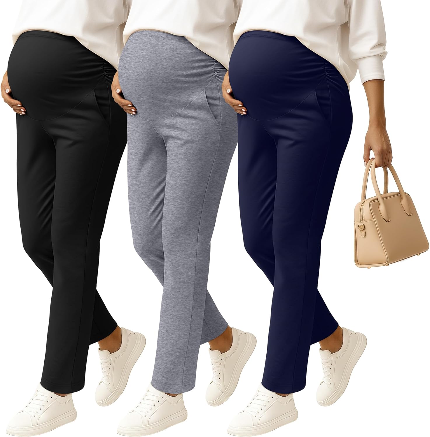 Sweetyweee 3 Pack Women's Maternity Pants Pregnancy Leggings Over The Belly Wide Waist Pant Pocket Ruched Work Casual Trouser