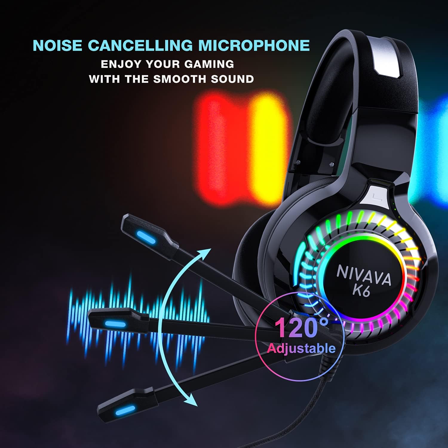 Gaming Headset for PS4, PC Headphones with Microphone LED Light Mic for Nintendo Switch PS5 Playstation Computer, K6(Black)