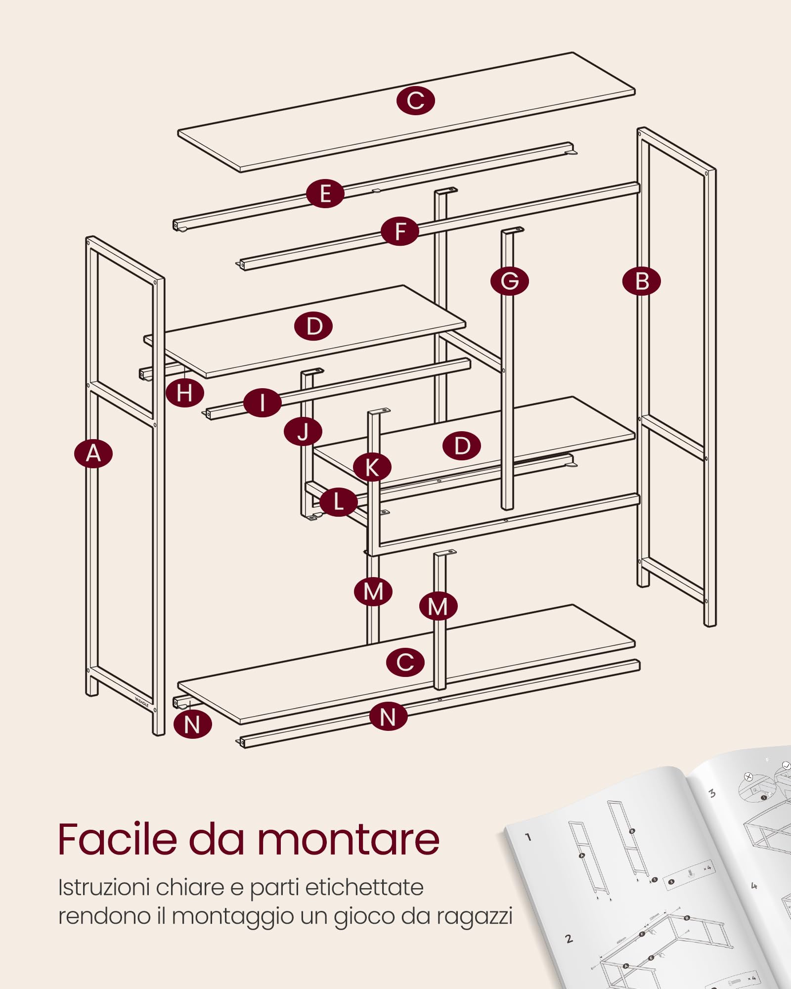 VASAGLE Libreria, Scaffale a 4 Ripiani, 30 x 100 x 103 cm, Scaffale Autoportante, per Soggiorno, Ufficio, Camera da Letto, Cucina, Marrone Vintage e Nero Inchiostro LLS134B01V1