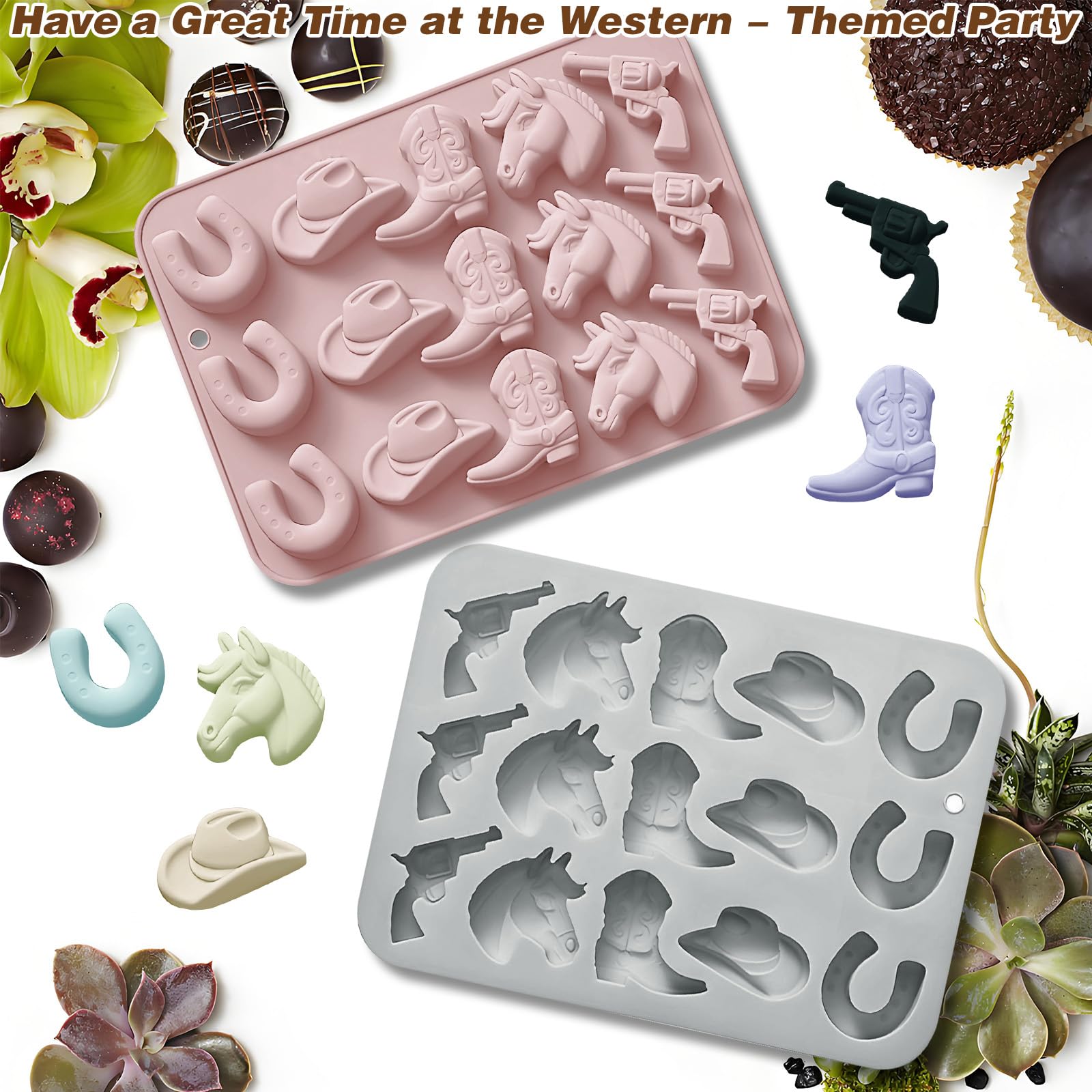 2 stuks Cowboy Chocolade Mallen Bakvormen Siliconen Hoed Laars Paard Zadelvorm, Snoepvormen Western Themafeest voor Jello IJsblokje Cupcake Decoraties Klei