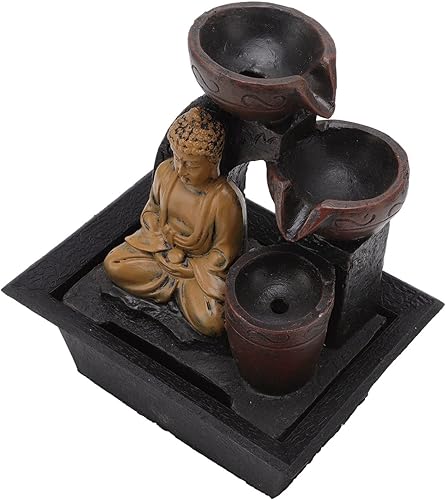 Miniatura 5 de Mumusuki Fuente de Buda, fuente de mesa de relajación de 3 niveles, fuente de agua de Buda, escultura decorativa con luz LED, ciclo de agua para