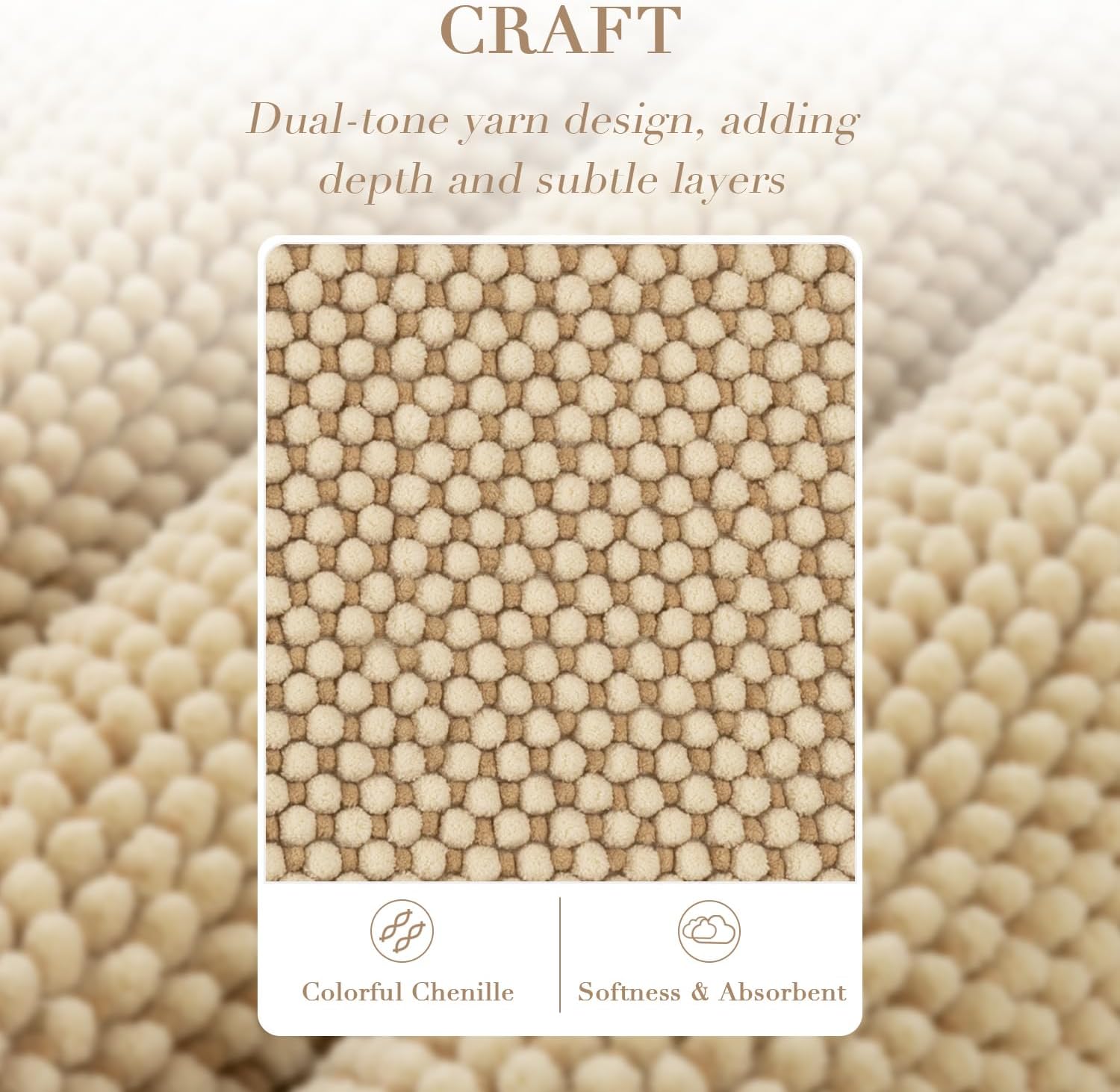 BSICPRO Bathroom Rugs Set 2 Piece-Chenille Bath Mats Non Slip-Thick Soft Absorbent Boho Bath Rug-Shower Floor Mat Machine Washable-Bathroom Decor Accessories (Beige, 20" x 47" Plus 20" x 32")