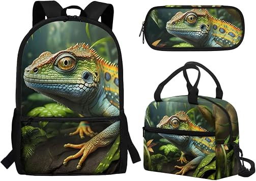 3 PCS Lizard Backpack for Elementary School Boys 3D Animals School Bag Bookbag with Lunch Box Pencil Case Middle High Preschool Back Pack Rucksack for School Daycare Satchel