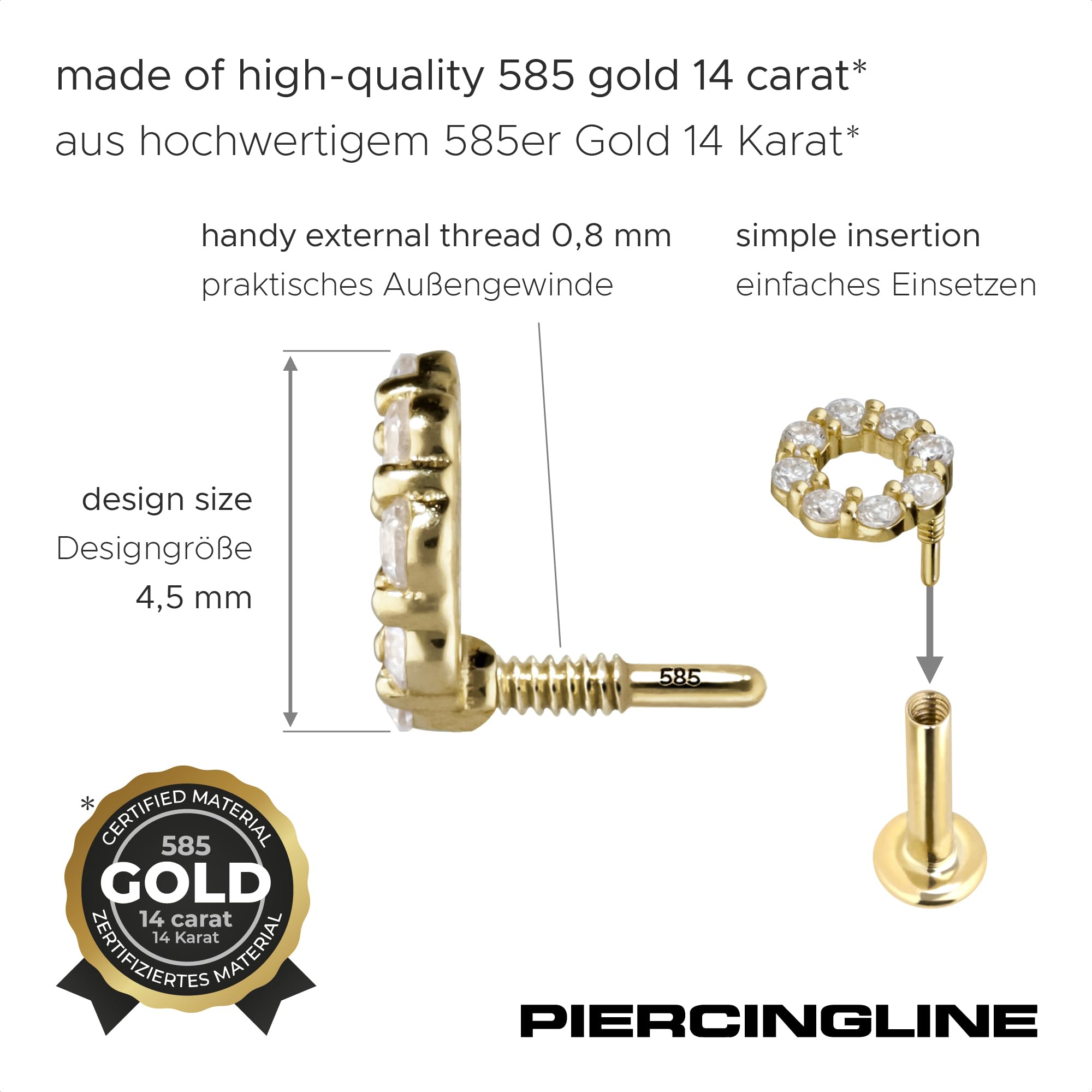 PIERCINGLINE Universal Piercing Schraub-Aufsätze 14 Gold Schraubaufsatz mit Außengewinde MOISSANIT-KREIS 585er Gold - Roségoldfarben, Goldfarben, Silberfarben