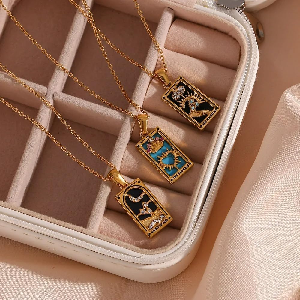 14k Yellow Gold Classic Arcana Tarot Card Necklace For Women And Men - Sun Lover Star Moon Magician Pendant Necklaces Lucky Amulet Charm Tarot Card Necklace Celestial Necklace For Women And Men