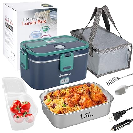 PHIWILLS 80W Electric Lunch Box Food Warmer, 12V/24V/110V Heated Loncheras for Car/Truck/Work/Men/Women Thermal Lunchbox with 1.8L Stainless Steel Container, 0.45L Compartment, Insulated Bag