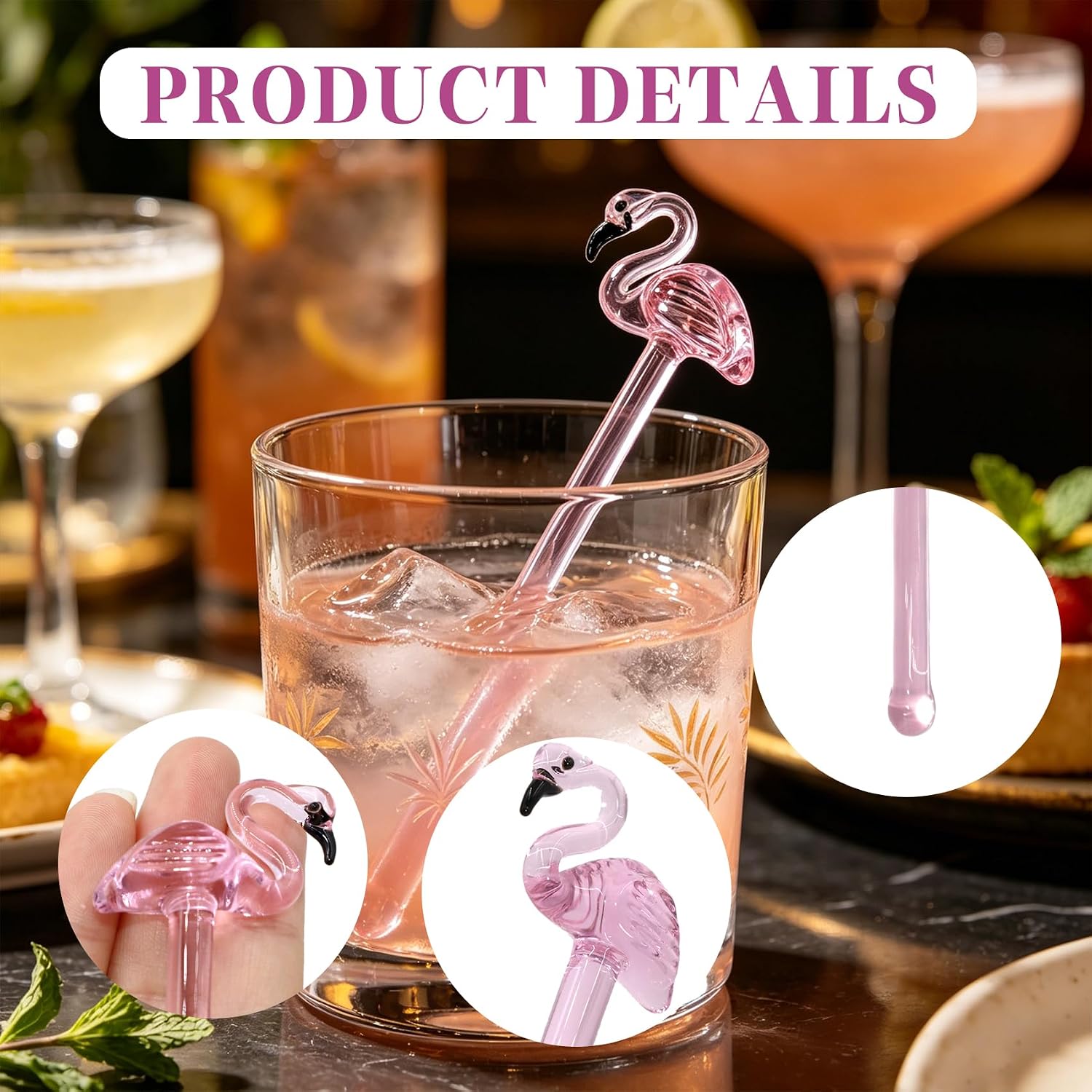 Flamingo Glass Stirrers Creative Swizzle Sticks, 6-PCS Cute Swizzle Sticks – Reusable Drink Stir Sticks, Clear Cocktail Stirrers with Pink Flamingo Toppers, Perfect for Tea, Juice & Parties