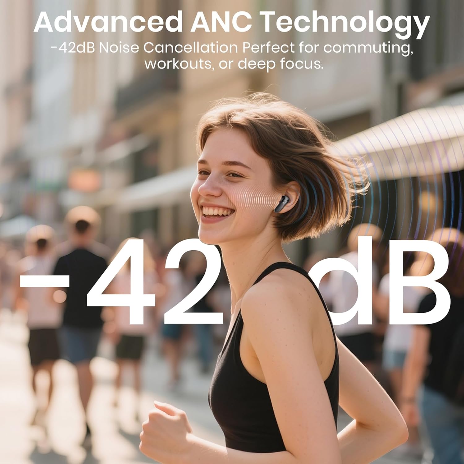 Woman using SIAWAG earbuds with Active Noise Cancellation in a busy outdoor environment.