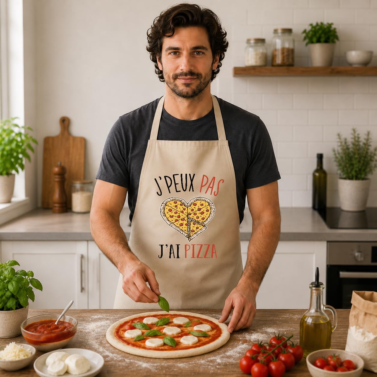 Planetee - Delantal de cocina para pizza J'peux | Regalo original para apasionados, ropa protectora para barbacoa, jardinería, delantal de trabajo, tareas domésticas, beige, Talla única