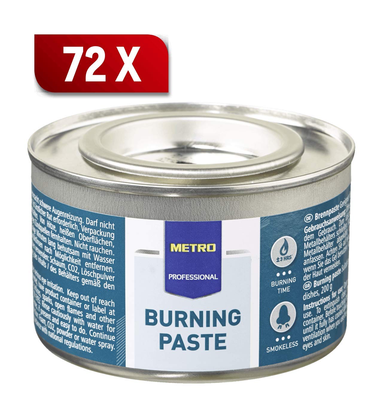 METRO Professional 72 pastas combustibles por lata de 200 g aprox. 3 horas para calentar platos Chafing Dish, recipiente para calentar alimentos Rechaud, sin humo