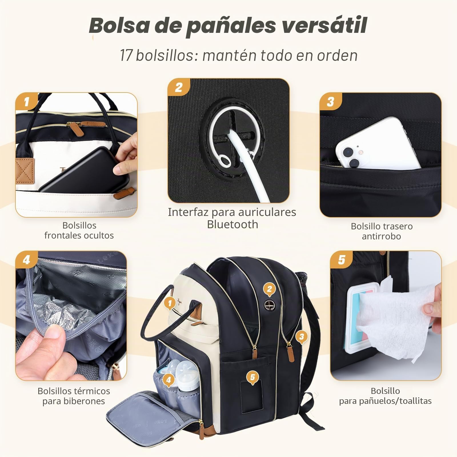Mochila para pañales de 25-37 L, ampliable grande con cambiador y correas para cochecito, mochila de viaje, bolsa de pañales bolsa de mamá