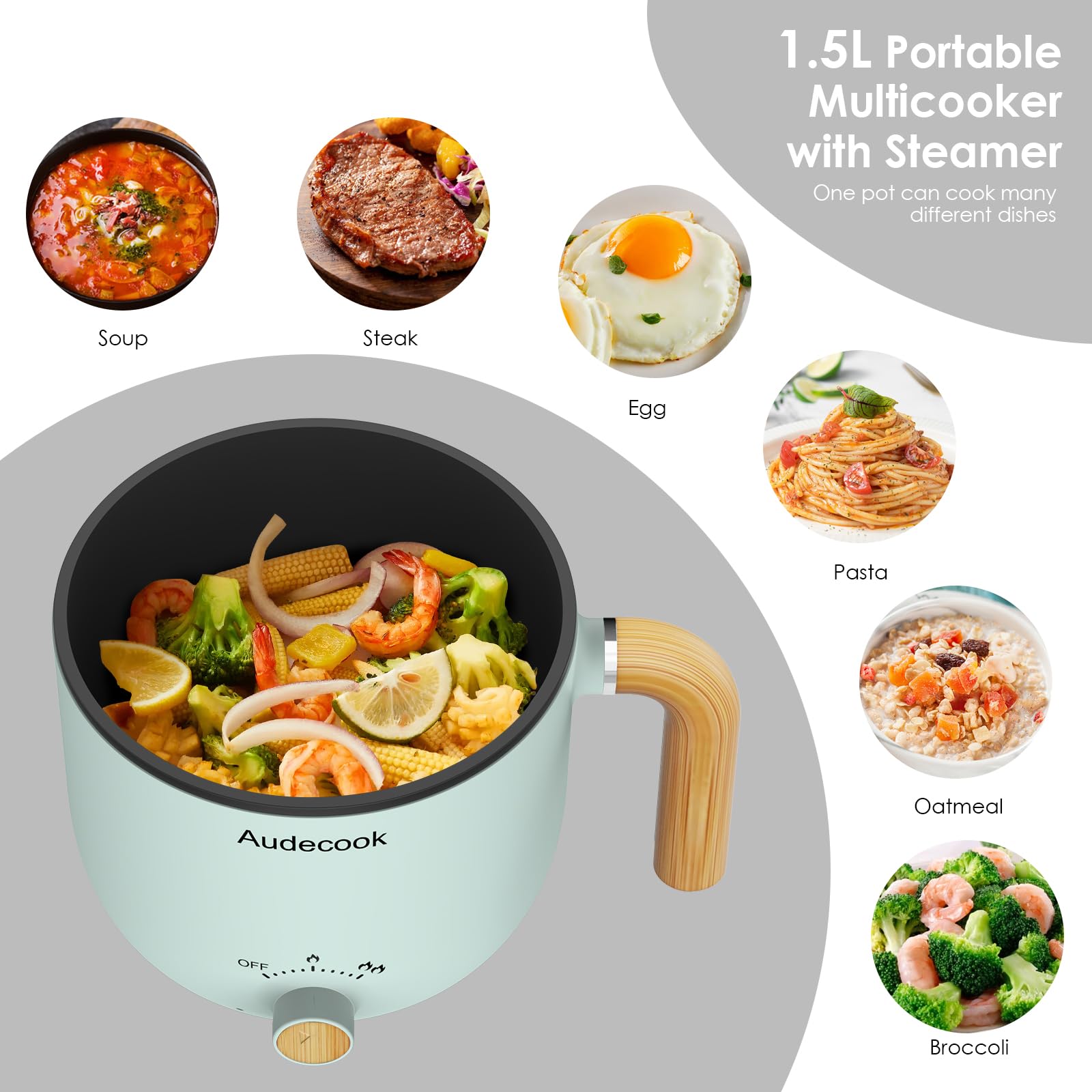 Audecook Olla Eléctrica con Vaporera, 1,5L Mini Olla Multifuncional Portátil, SartéN EléCtrica de Viaje con Doble Control de Potencia para Fideos Ramen/Pasta/Huevos/Sopa/Avena