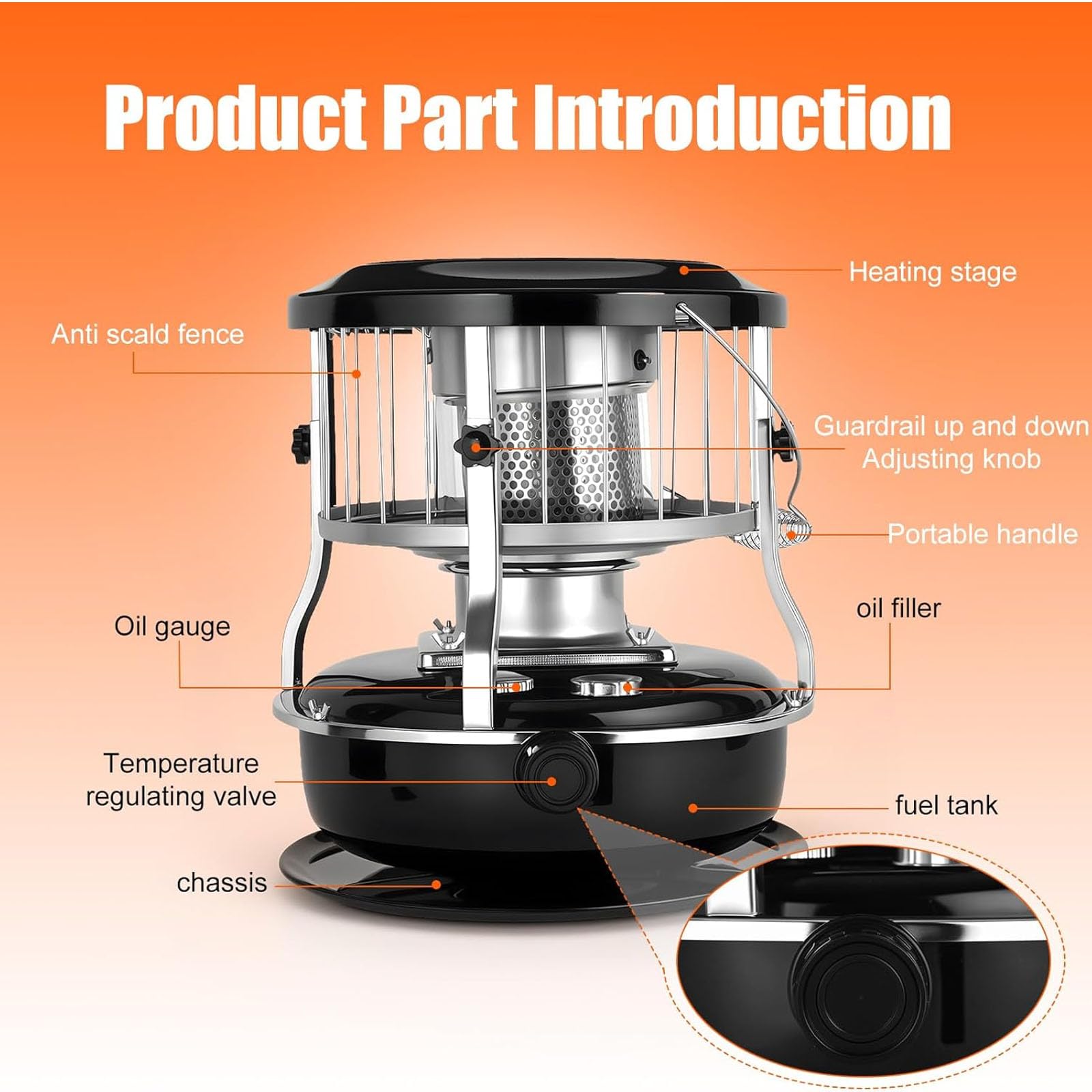Calentador De Parafina De 2600 W, Estufa De Queroseno Para Exteriores Con Altura Ajustable, Calentador De Aceite Giratorio De 360° Para Camping, Para Emergencias, Camping Y Garaje.,Black