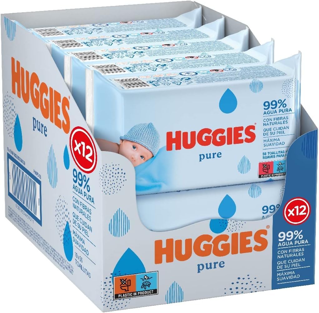 Huggies Pure Toallitas para Bebé, 99% Agua Pura, 12 Packs de 56, Total 672 Toallitas